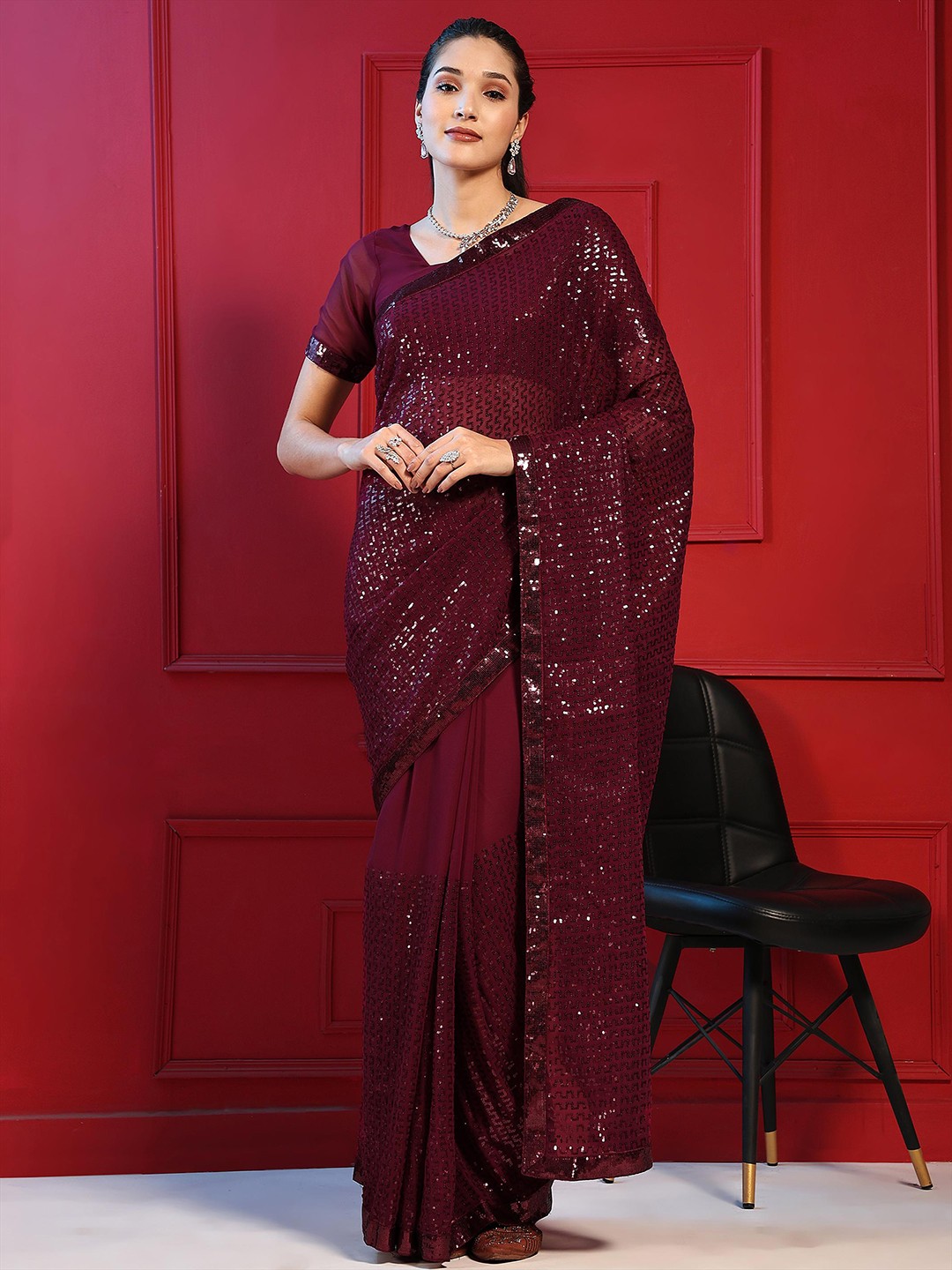 

Mitera Maroon Embellished Sequinned Saree