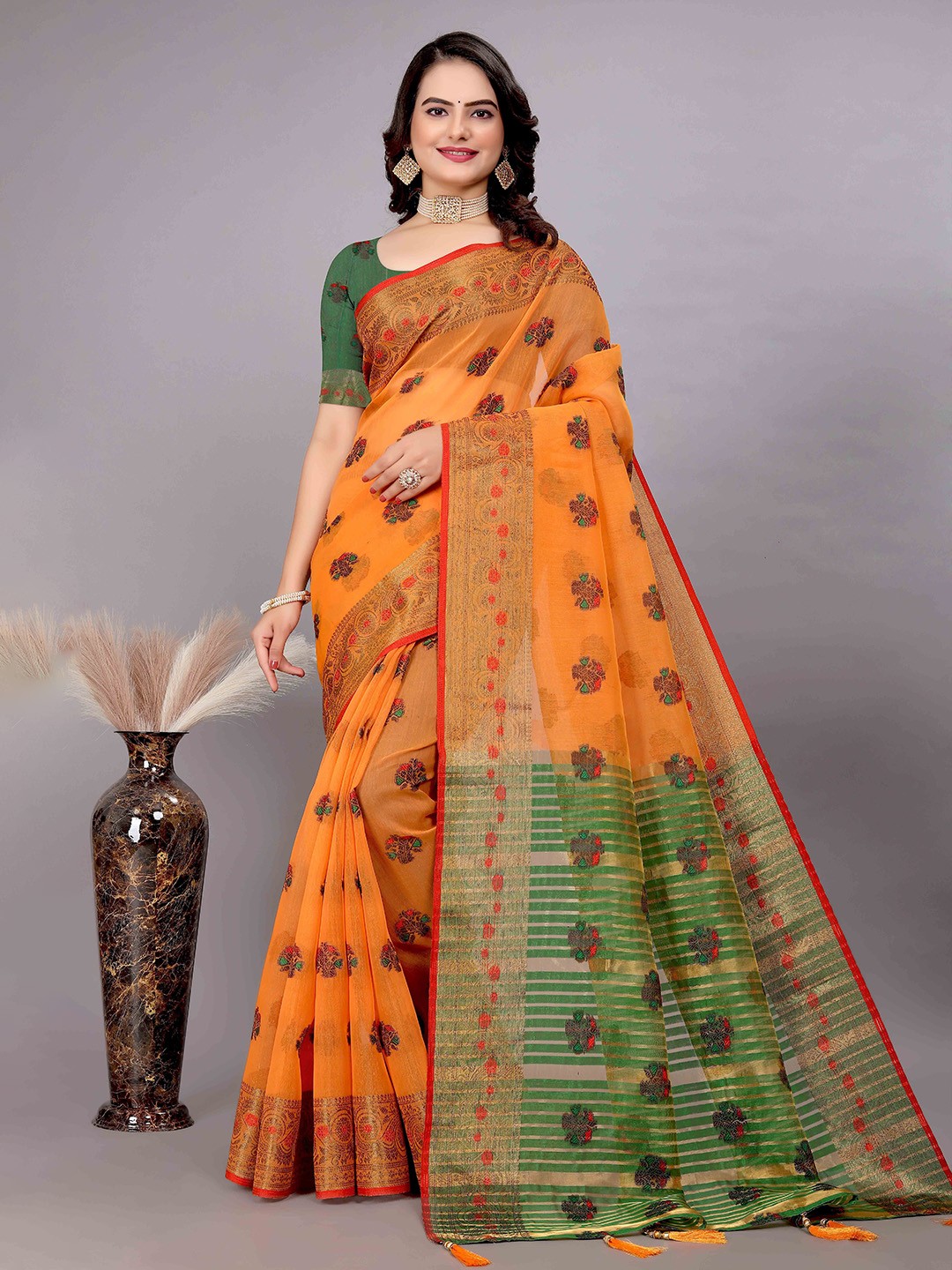 

Mitera Mustard Floral Woven Design Zari Saree