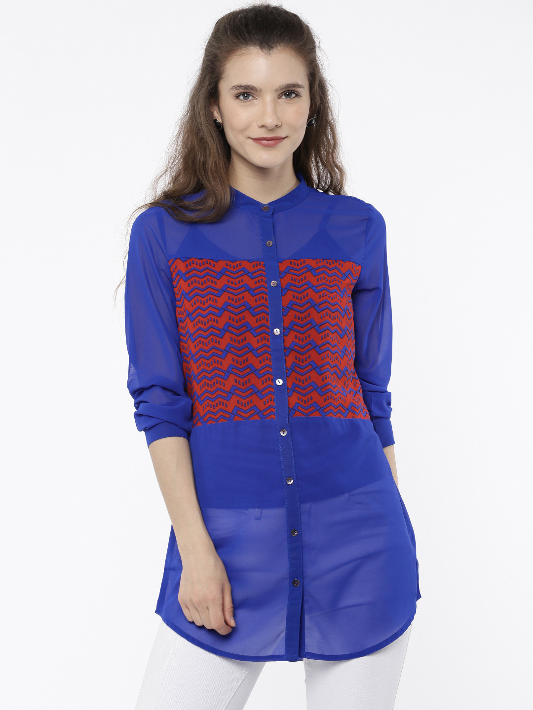 

Bronz Women Blue Printed Shirt Style Top