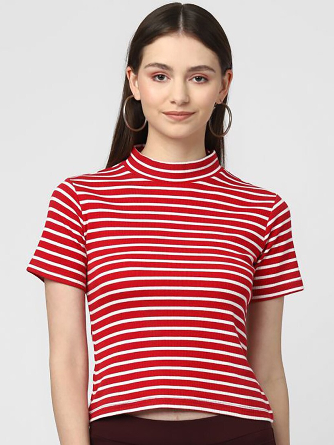

UrbanMark Striped High Neck Slim Fit T-shirt, Red