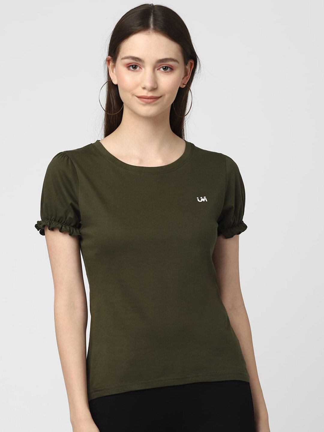 

UrbanMark Round Neck Puff Sleeves Cotton Regular Top, Olive