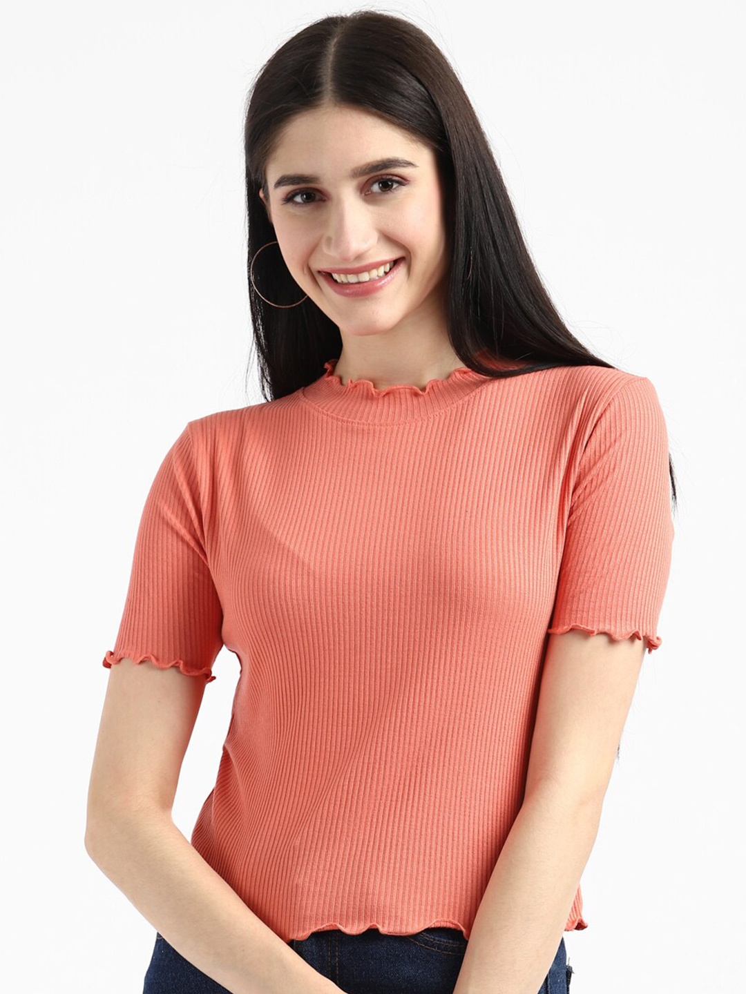 

UrbanMark Self Design Mock Neck Cotton Slim Fit T-shirt, Peach