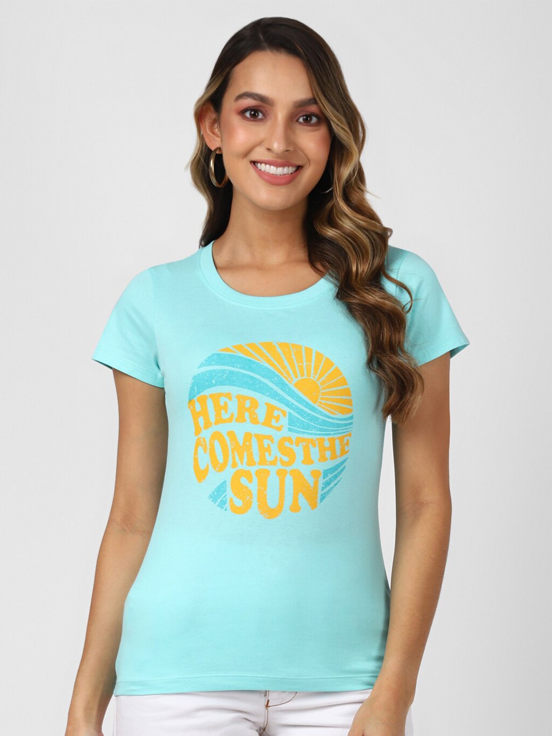 

UrbanMark Typography Printed Round Neck Cotton Regular T-shirt, Turquoise blue
