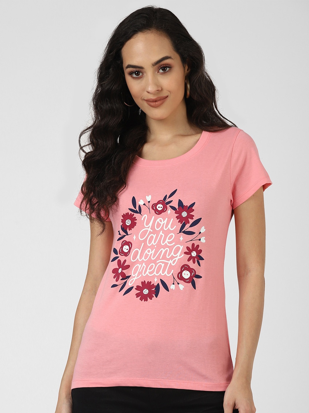 

UrbanMark Regular Fit Floral Printed Round Neck Cotton T-shirt, Peach