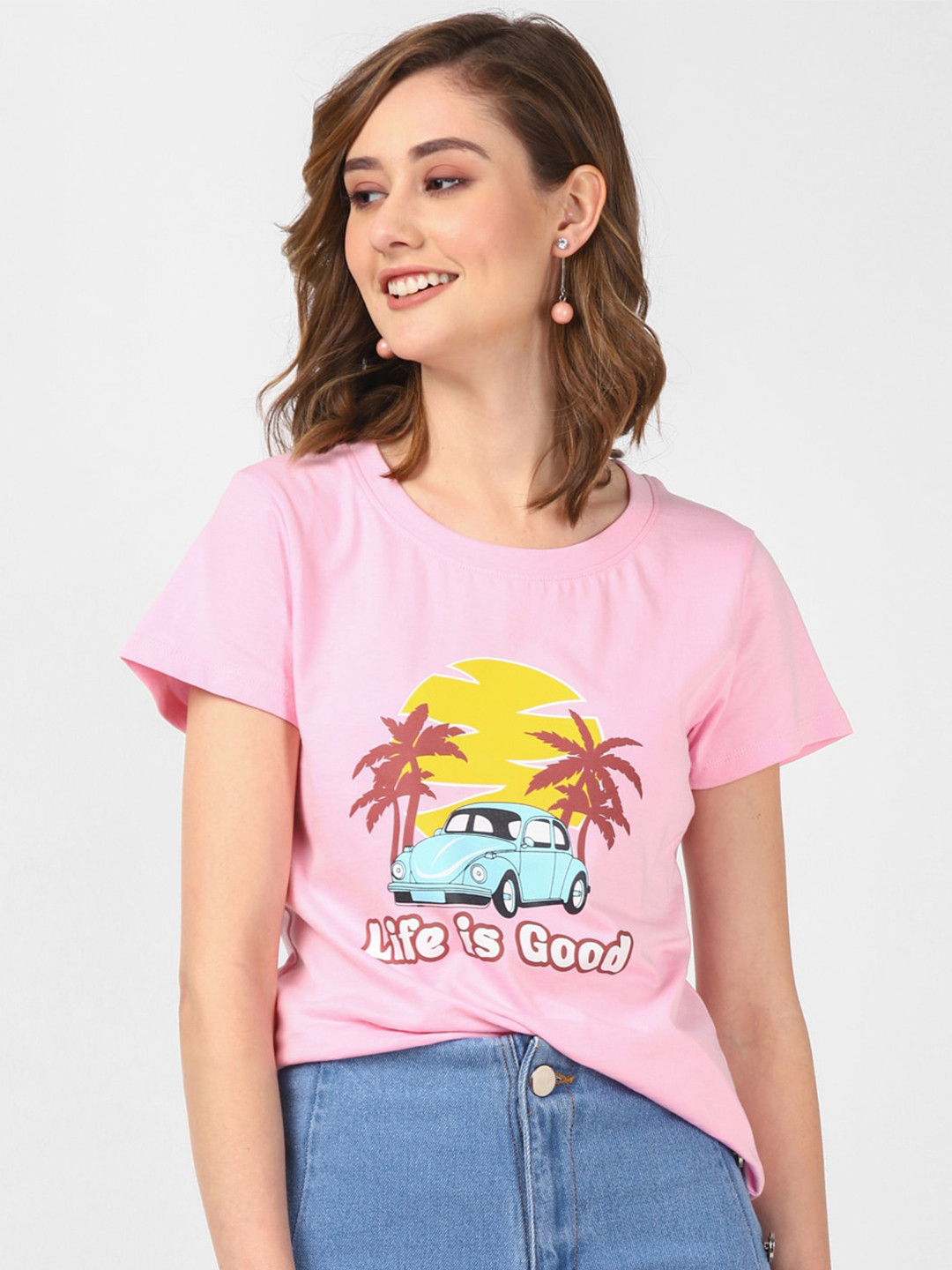 

UrbanMark Slim Fit Tropical Printed Cotton T-shirt, Pink