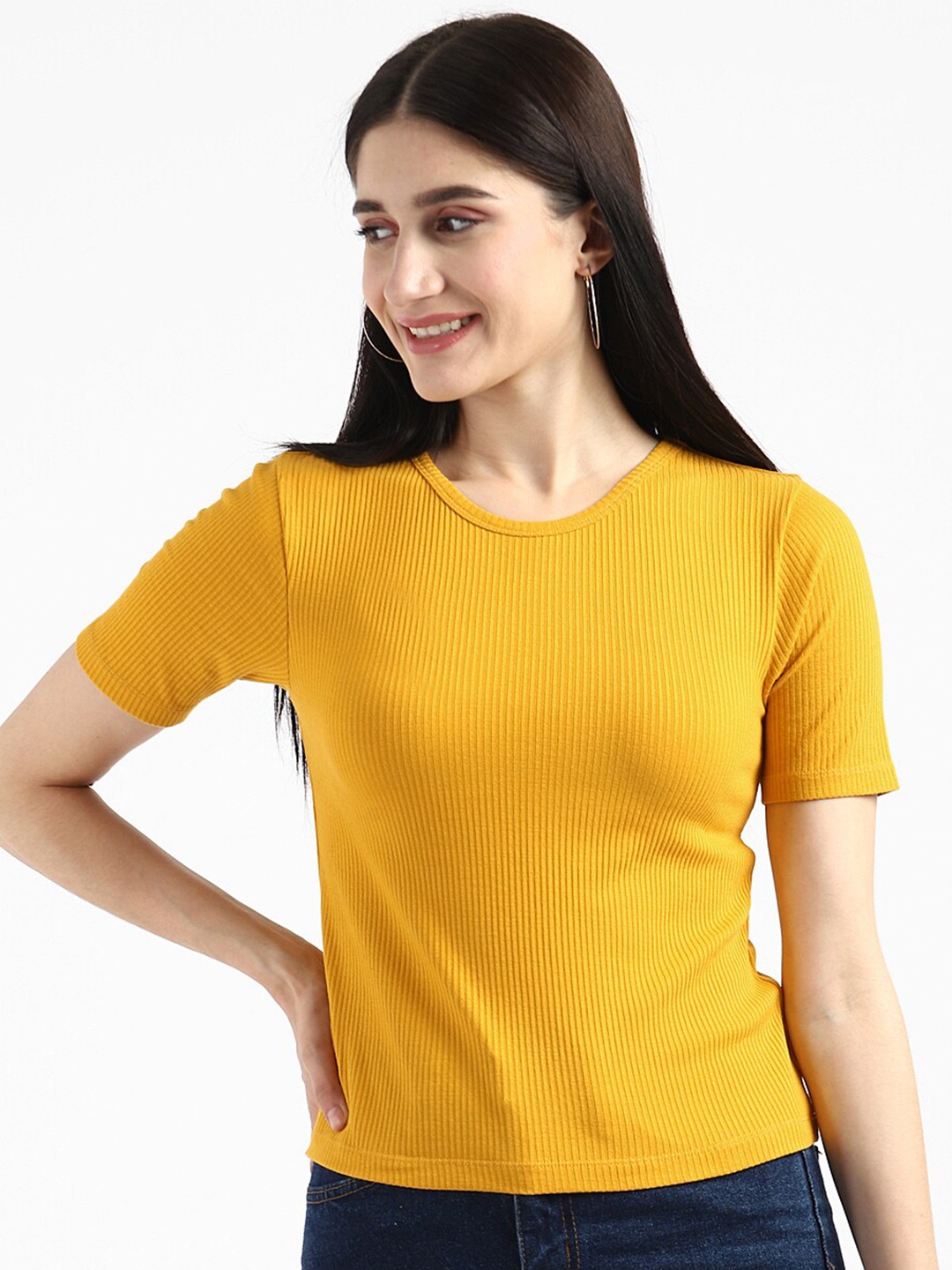 

UrbanMark Slim Fit Round Neck Short Sleeves Cotton T-shirt, Mustard