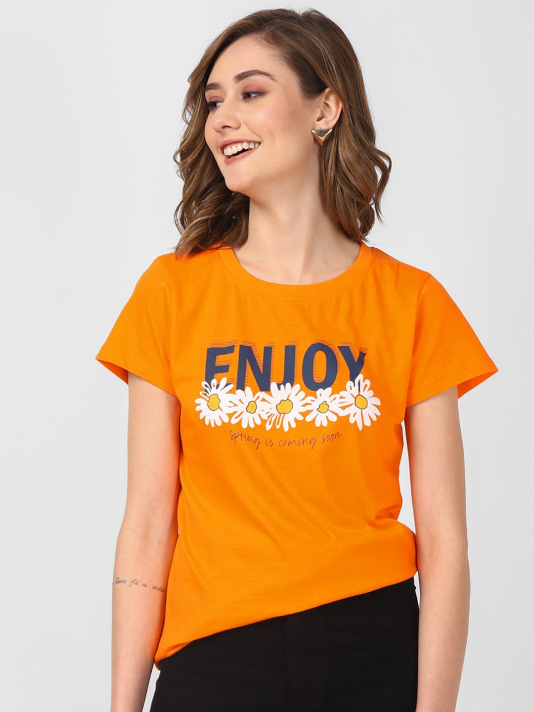 

UrbanMark Typography Printed Round Neck Cotton T-shirt, Orange
