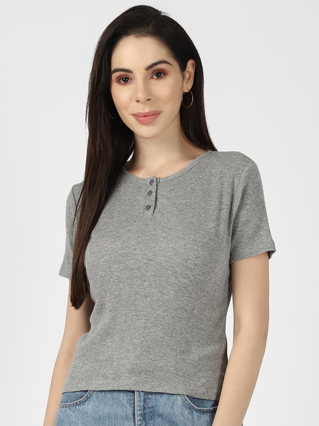 

UrbanMark Ribbed Henley Neck Slim Fit T-shirt, Grey