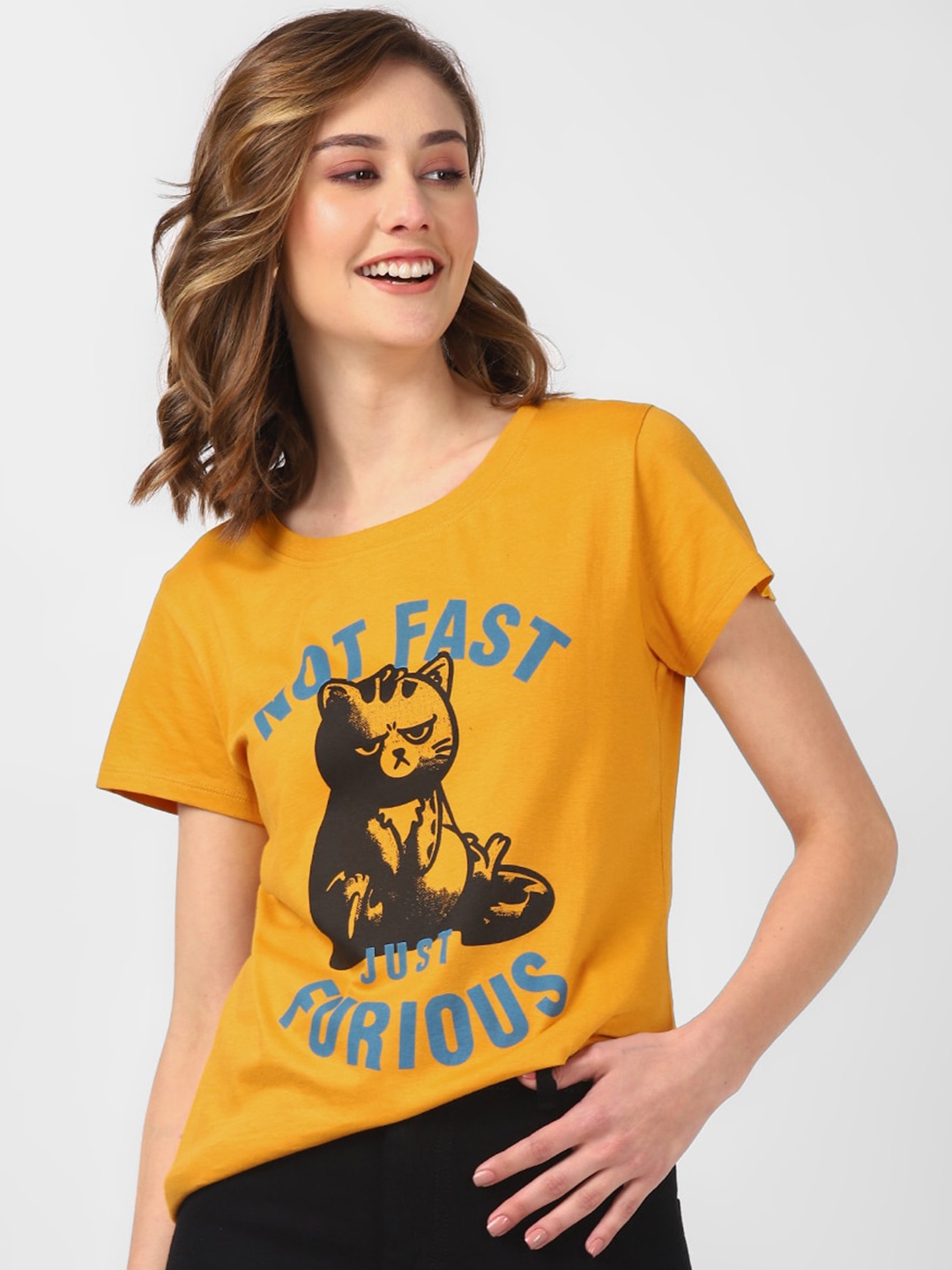 

UrbanMark Graphic Printed Round Neck Cotton Regular T-shirt, Mustard