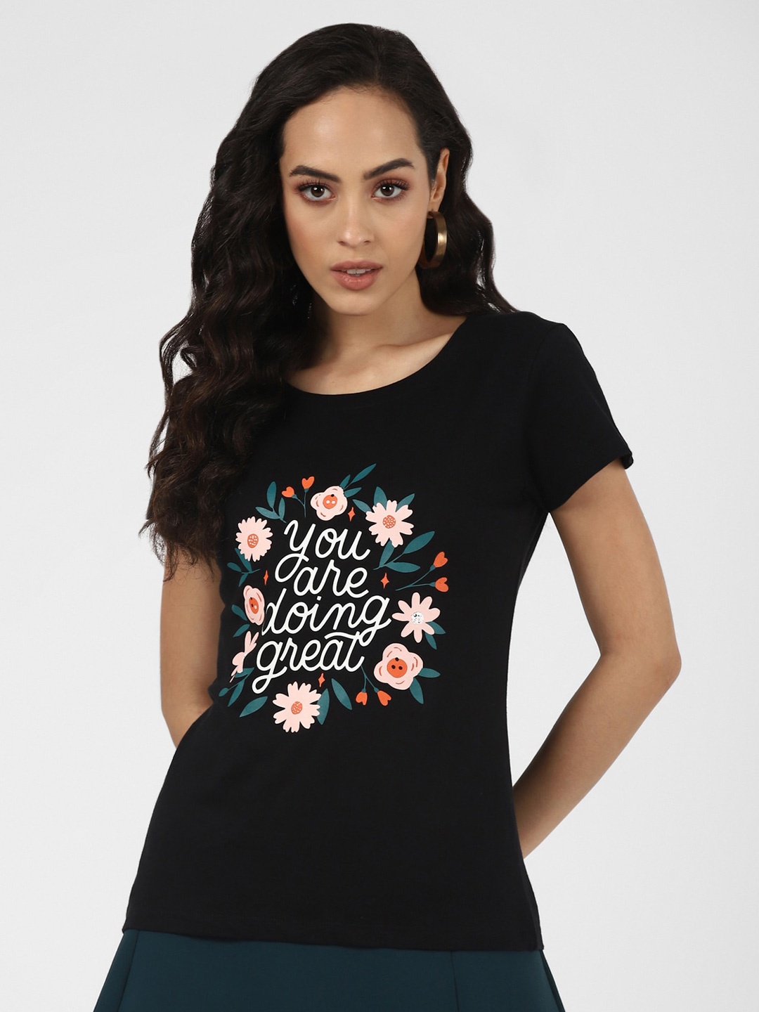 

UrbanMark Floral Printed Round Neck Cotton Regular T-shirt, Black