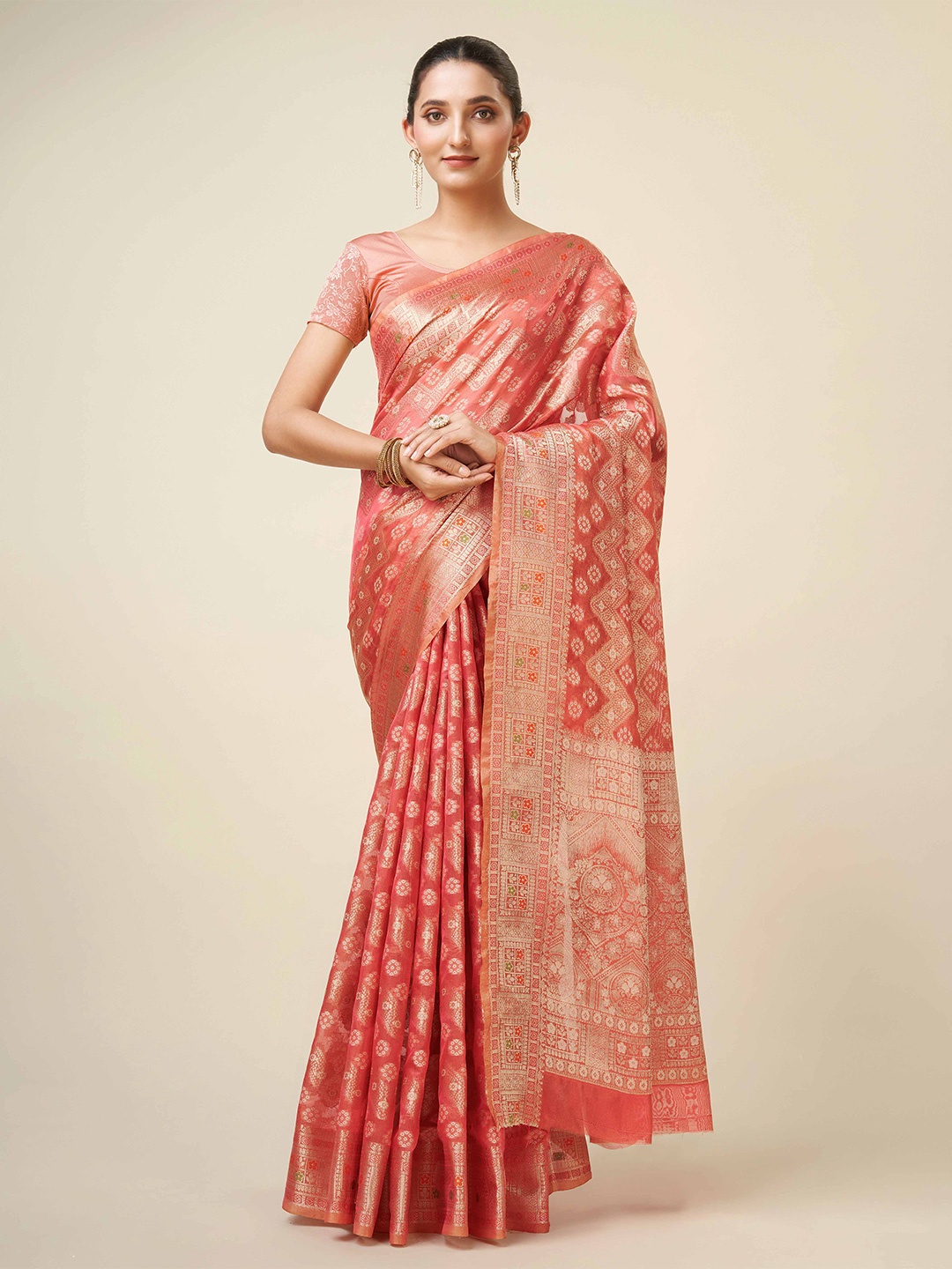 

Mitera Ethnic Motifs Woven Design Zari Organza Bandhani Saree, Coral