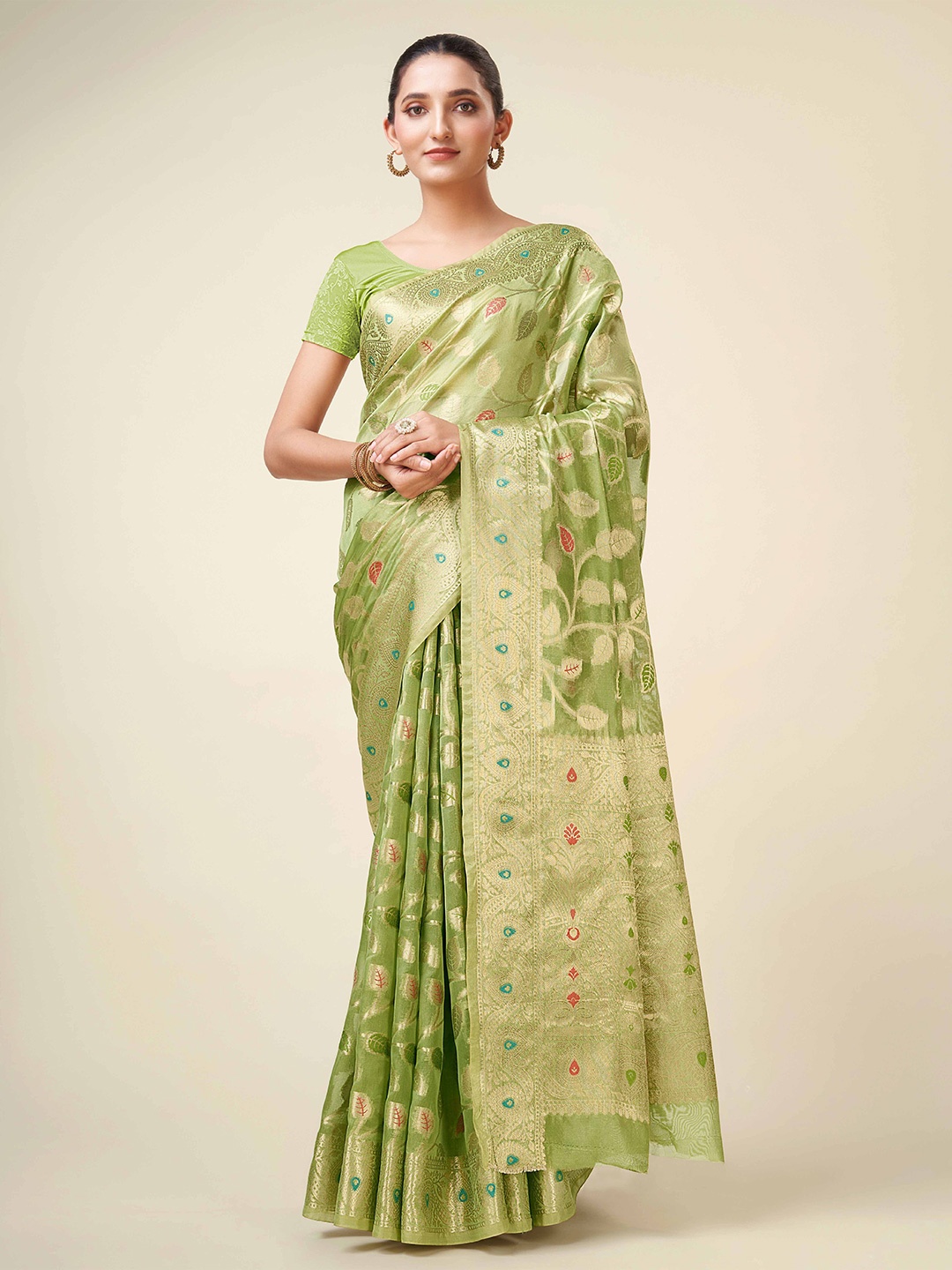 

Mitera Green Floral Woven Design Zari Detailed Organza Saree