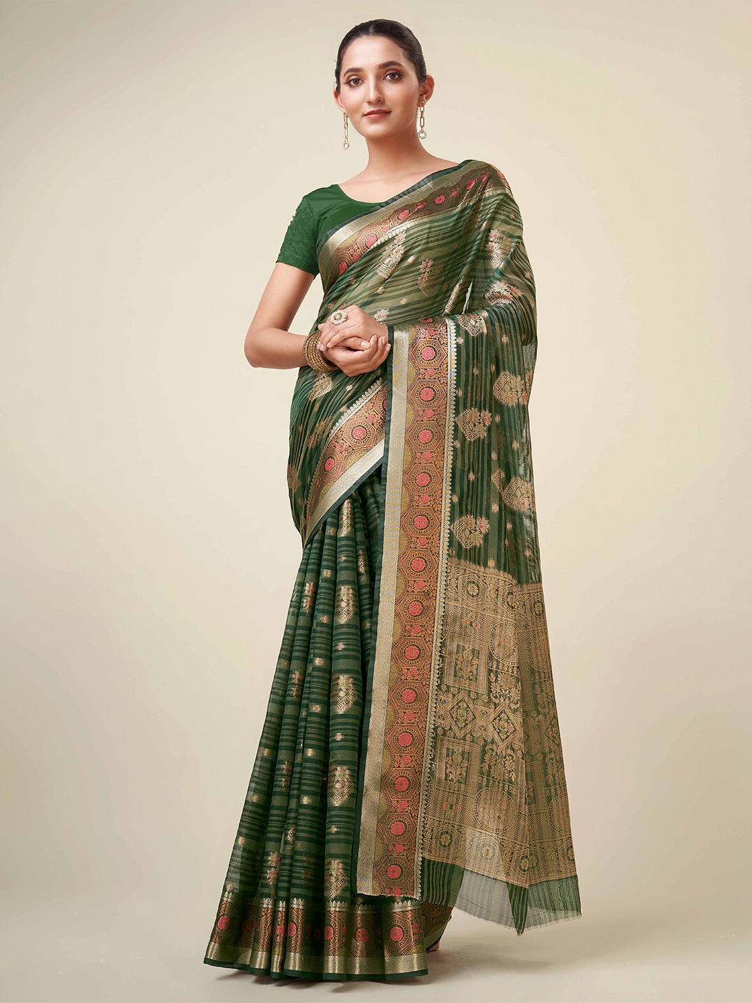 

Mitera Green Ethnic Motifs Woven Design Zari Detailed Organza Saree