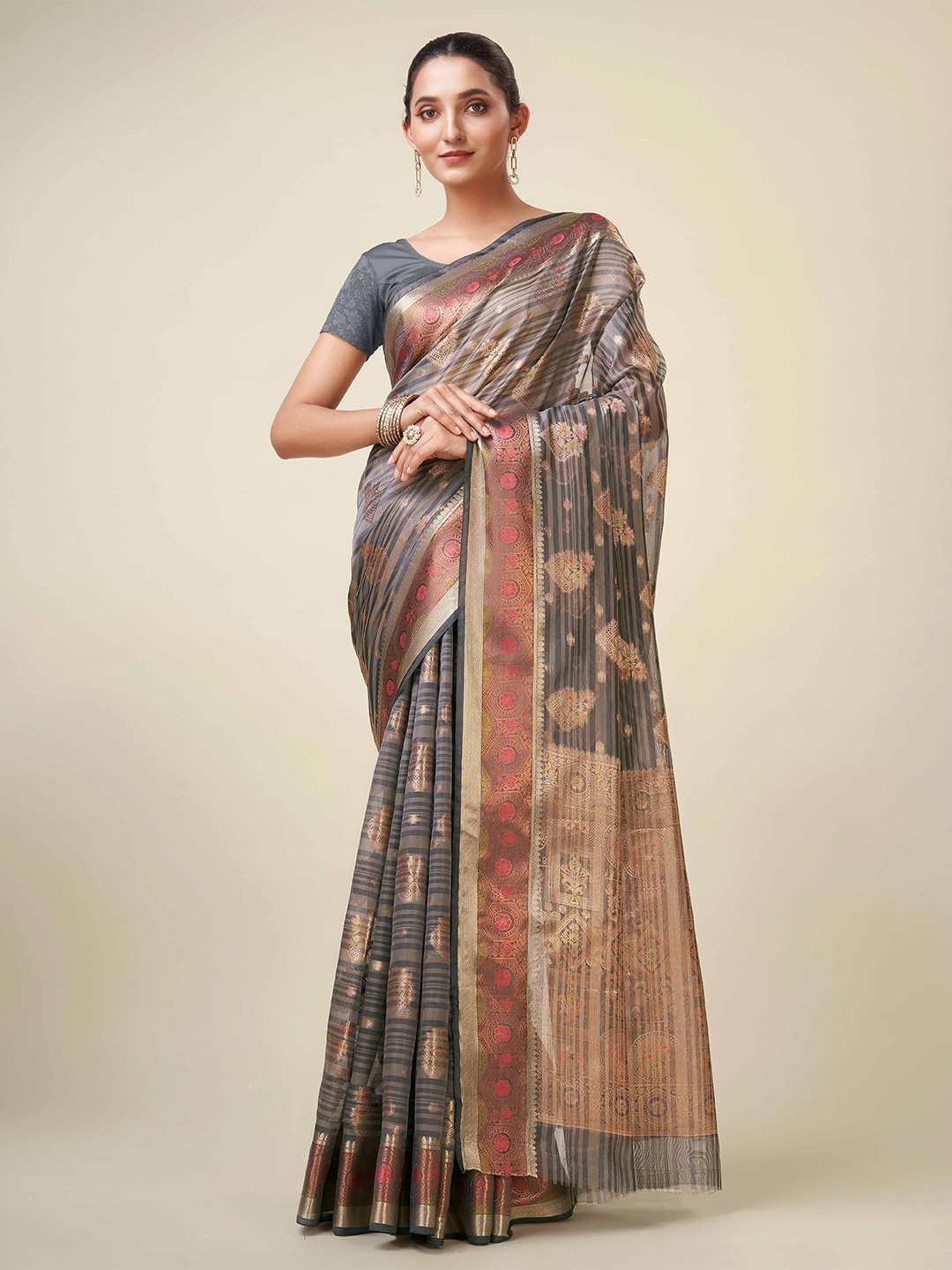 

Mitera Grey Ethnic Motifs Woven Design Zari Detailed Organza Saree