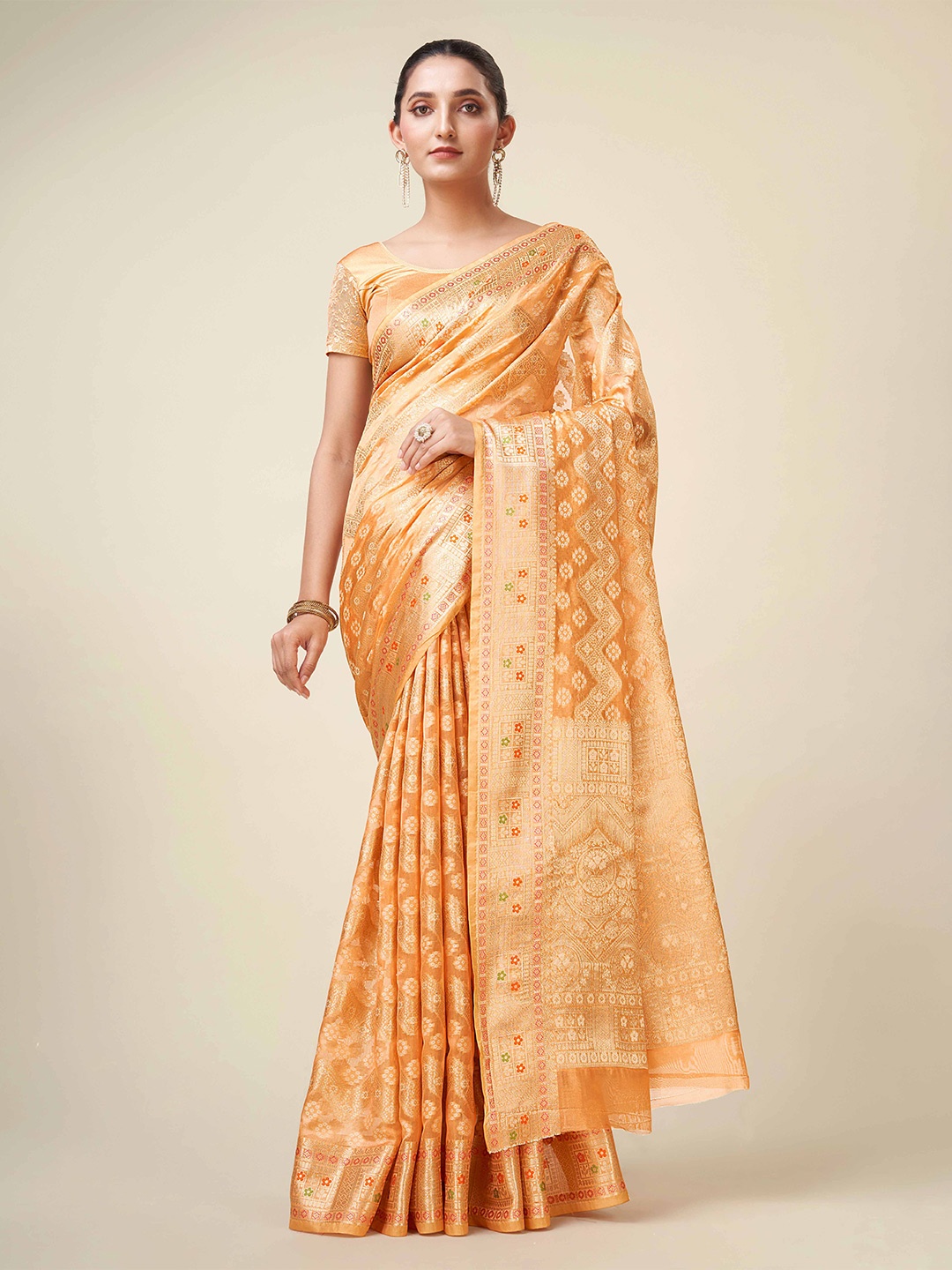 

Mitera Peach-Coloured Ethnic Motifs Woven Design Zari Detailed Organza Saree