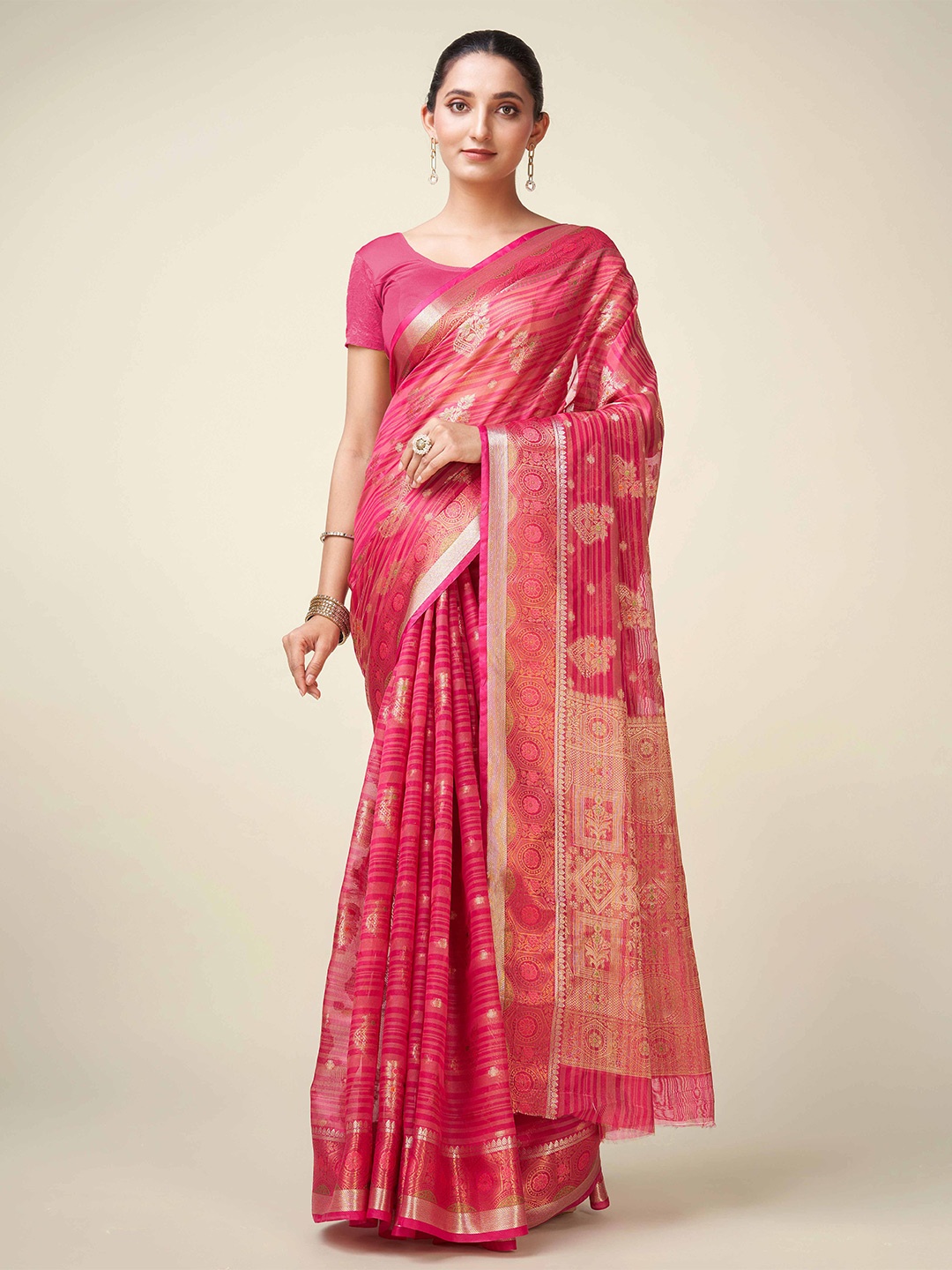 

Mitera Pink & Gold-Toned Ethnic Motifs Woven Design Zari Organza Kanjeevaram Saree