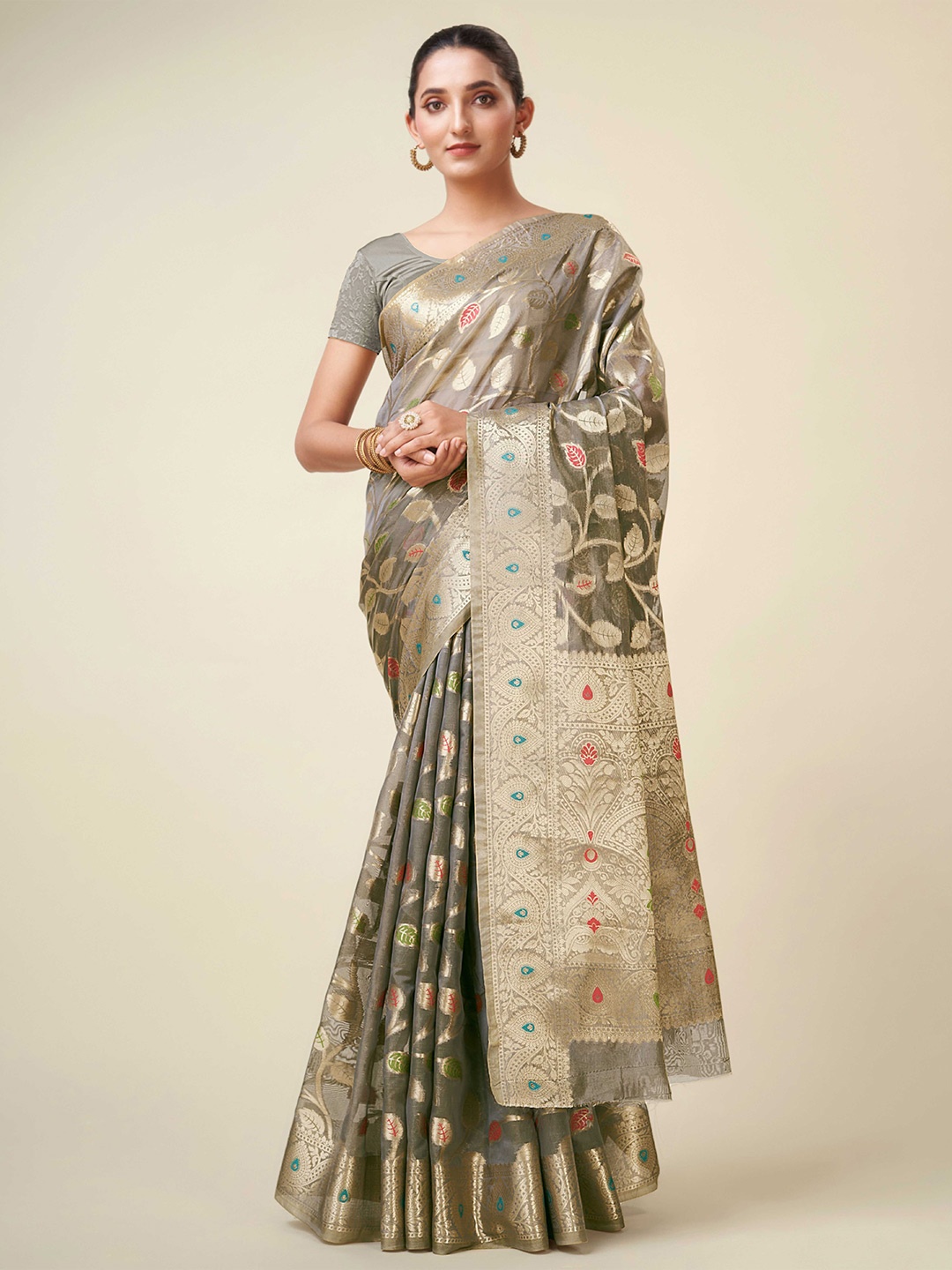

Mitera Grey & Red Ethnic Motifs Woven Design Zari Organza Banarasi Saree