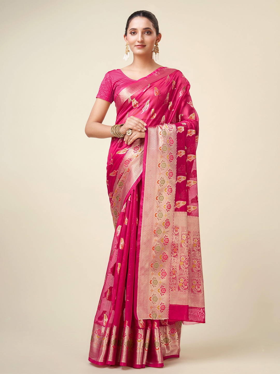 

Mitera Pink & Green Ethnic Motifs Woven Design Zari Organza Kanjeevaram Saree