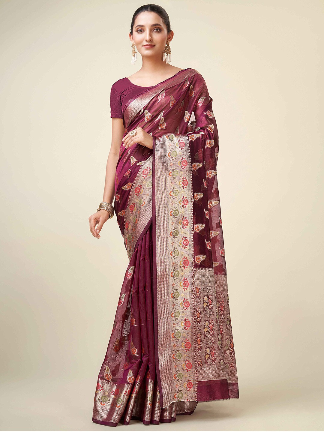 

Mitera Purple & Red Ethnic Motifs Woven Design Zari Organza Kanjeevaram Saree