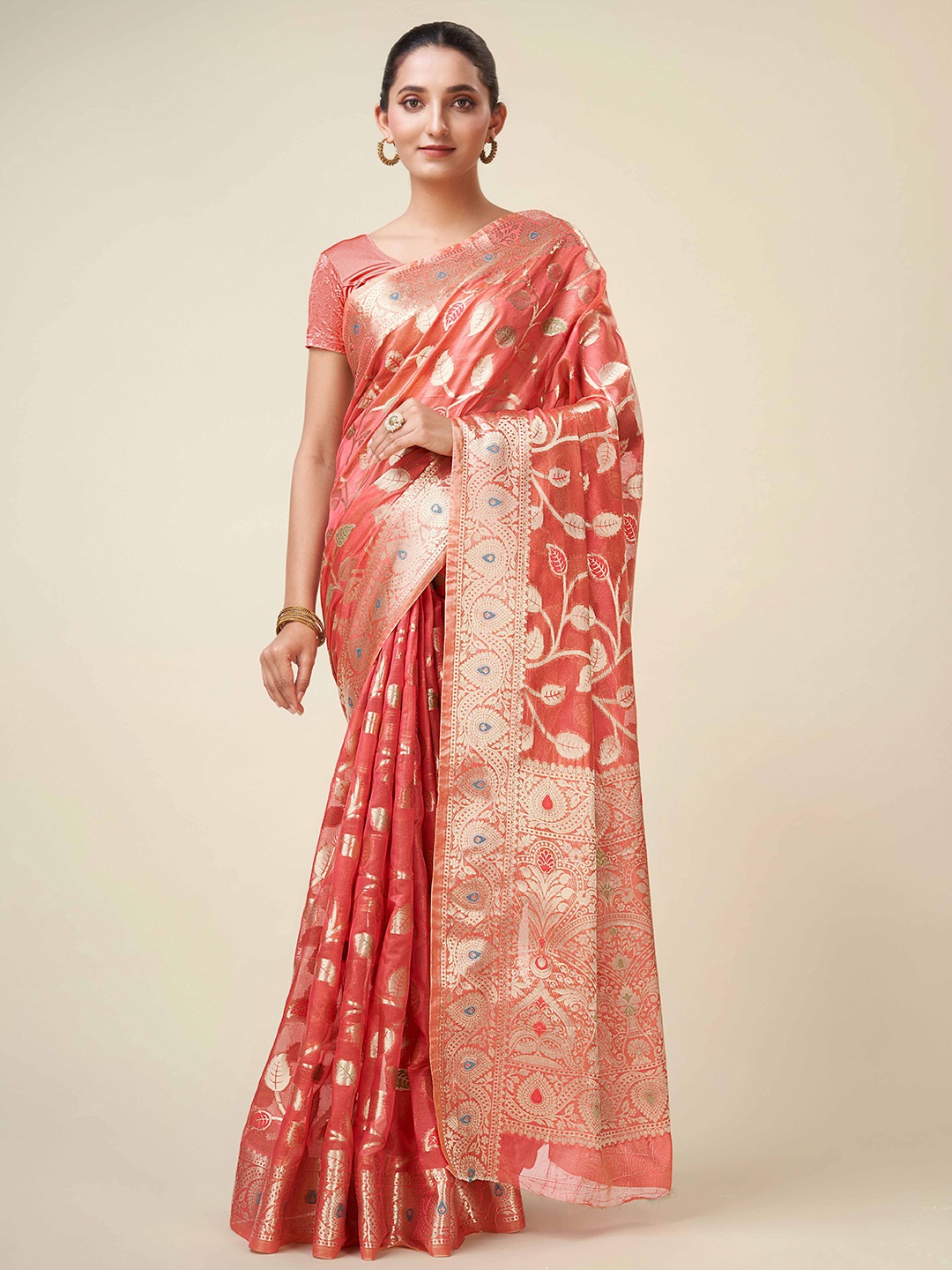 

Mitera Ethnic Motifs Woven Design Zari Organza Banarasi Saree, Coral