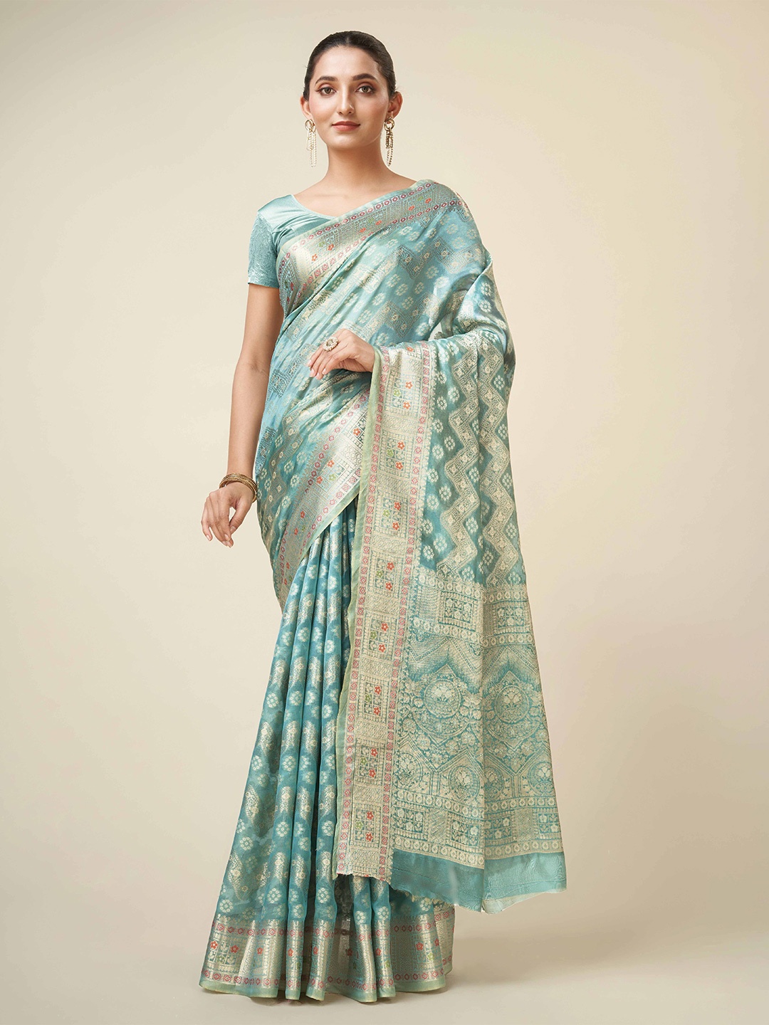 

Mitera Ethnic Motifs Woven Design Zari Organza Bandhani Saree, Blue