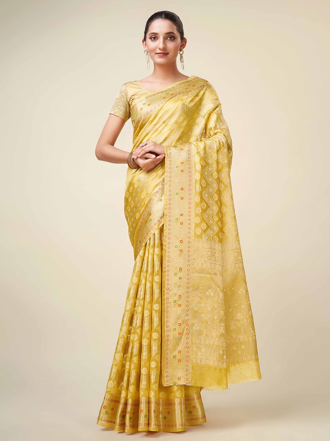 

Mitera Yellow & Gold-Toned Ethnic Motifs Woven Design Zari Organza Saree