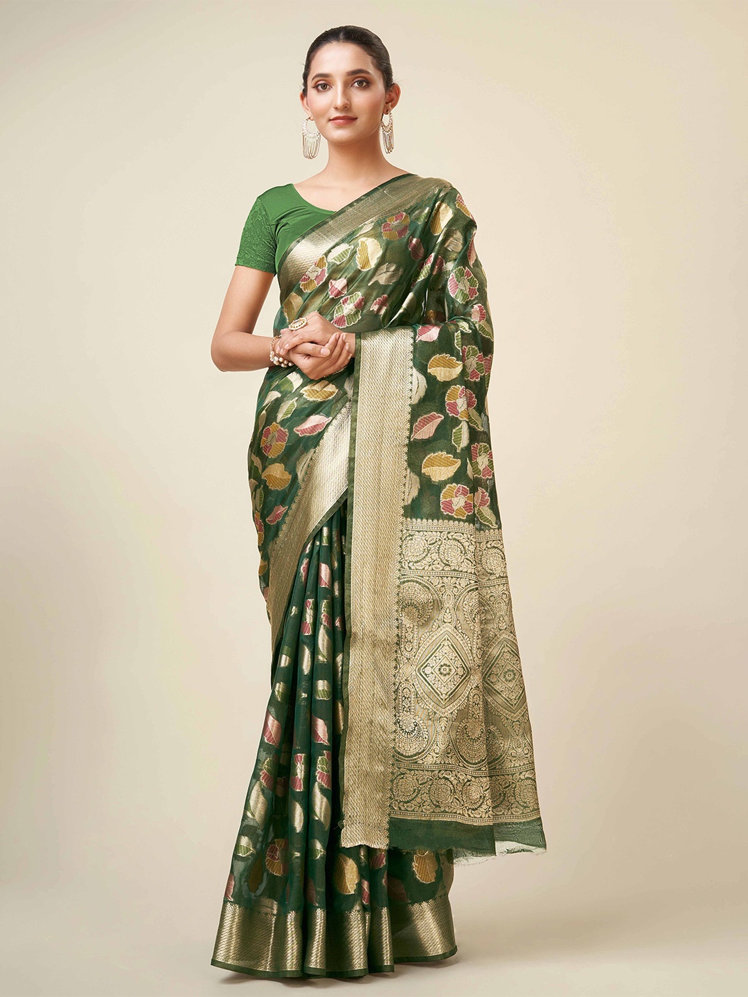 

Mitera Green & Gold-Toned Ethnic Motifs Woven Design Zari Organza Banarasi Saree