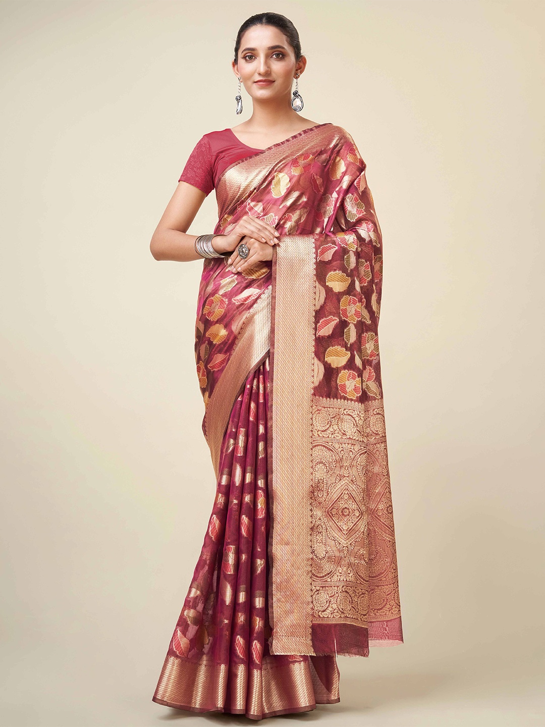 

Mitera Purple & Gold-Toned Floral Woven Design Zari Organza Banarasi Saree
