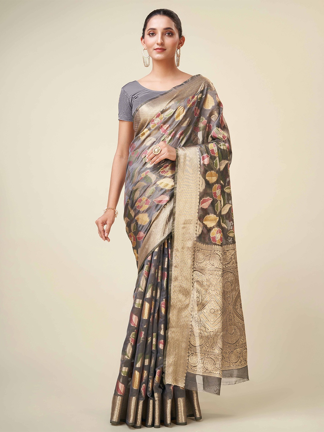 

Mitera Grey & Gold-Toned Floral Woven Design Zari Organza Banarasi Saree