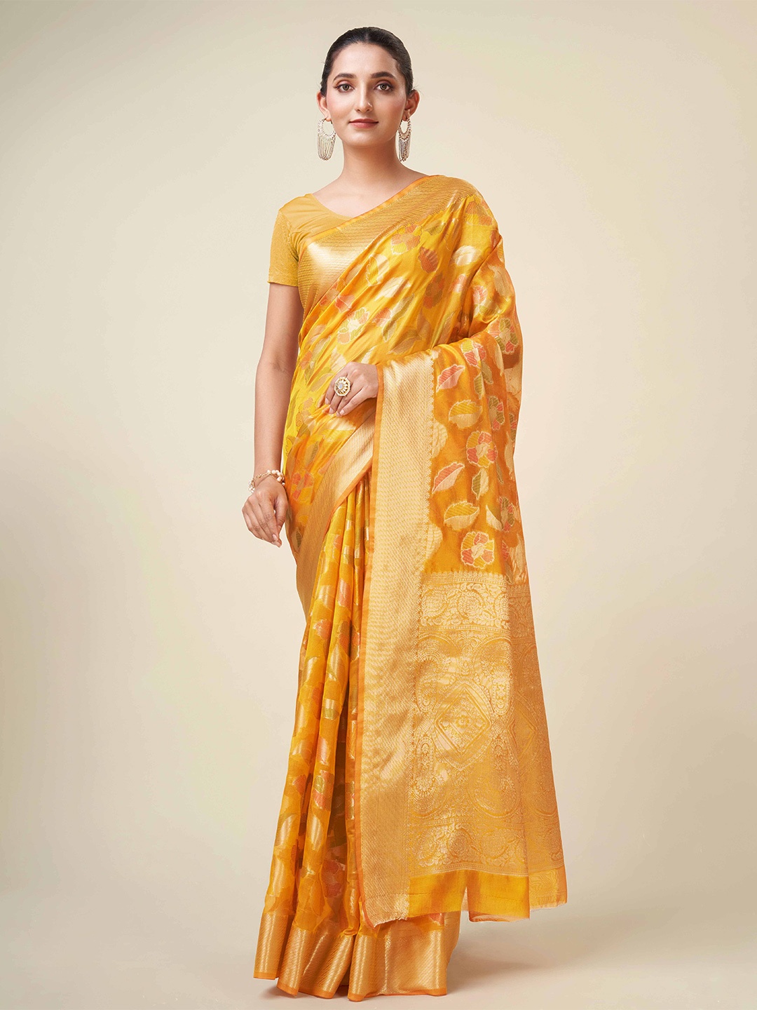 

Mitera Mustard & Gold-Toned Ethnic Motifs Woven Design Zari Organza Saree