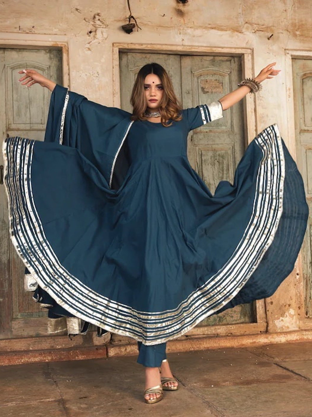 

Pomcha Round Neck Pure Cotton Anarkali Kurta with Trousers & With Dupatta, Blue