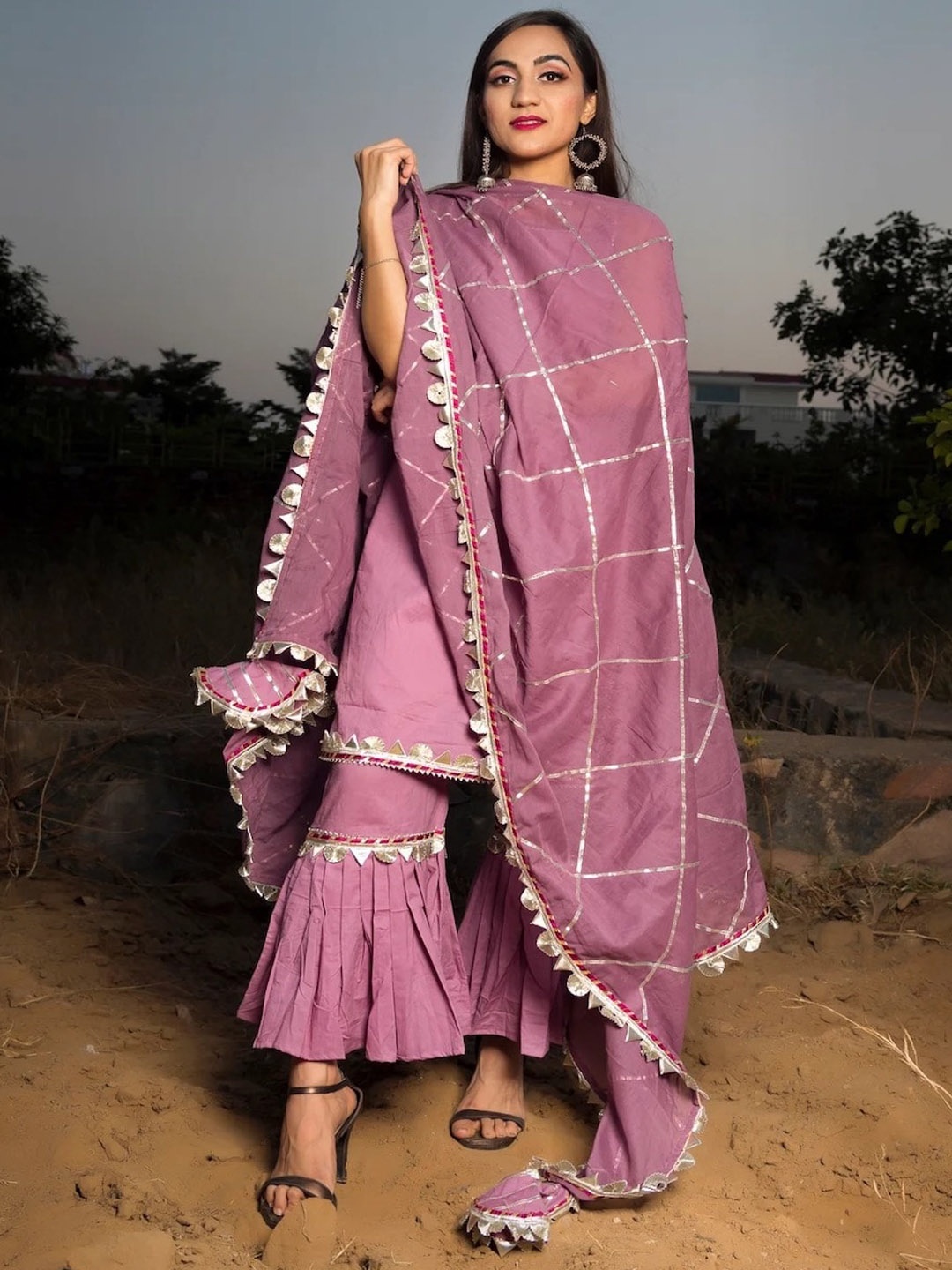 

Pomcha Straight Gotta Patti Kurta with Sharara & With Dupatta, Purple