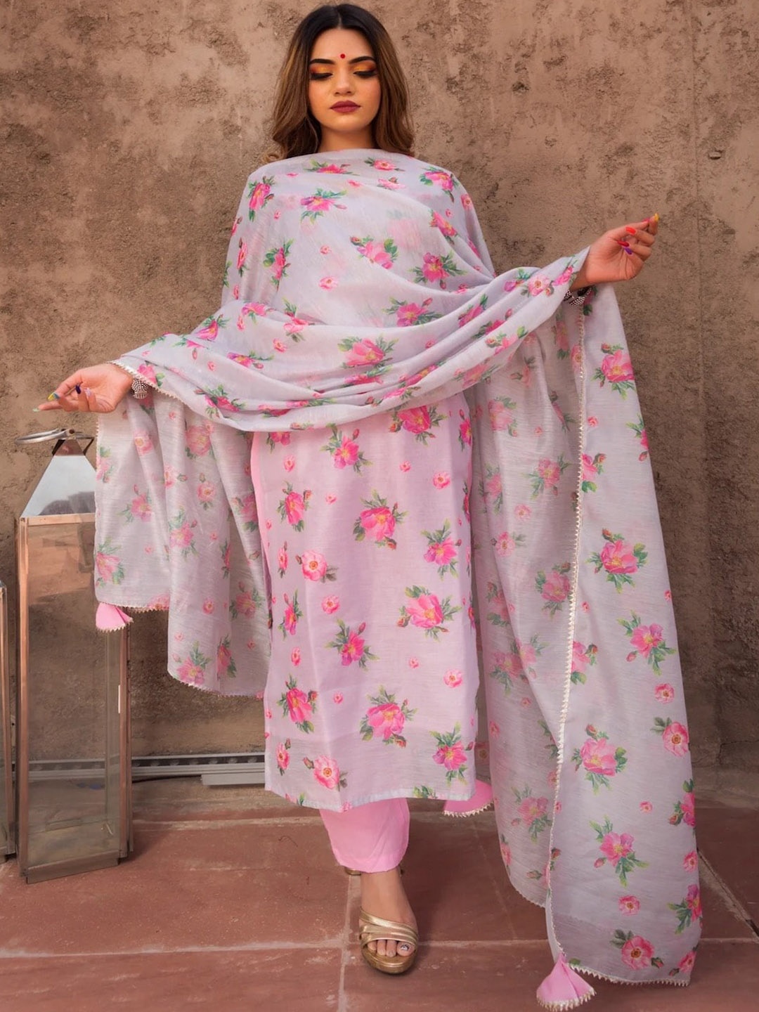 

Pomcha Floral Printed Pure Cotton Regular Kurta with Trousers & With Dupatta, Pink