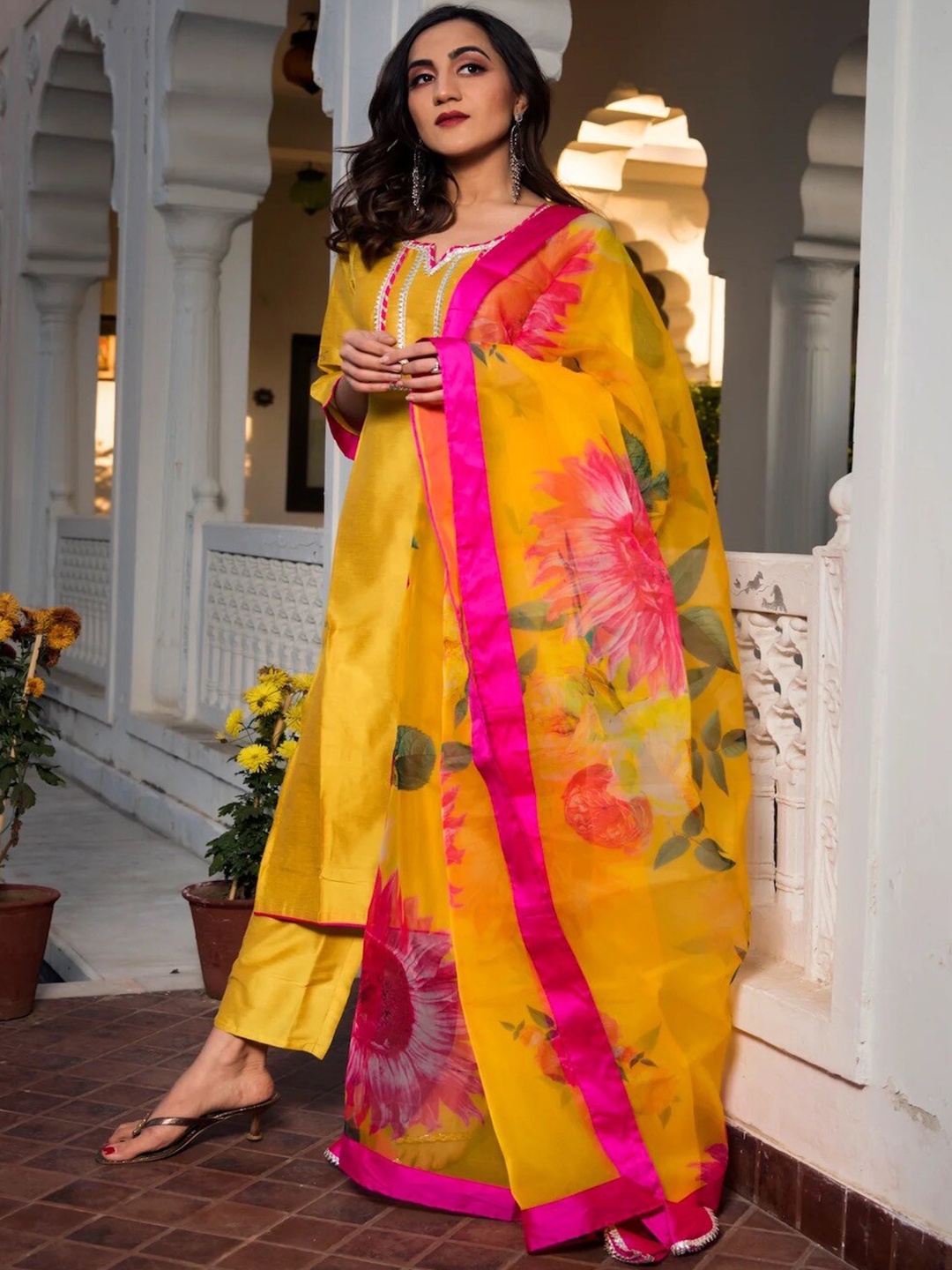 

Pomcha Straight Gotta Patti Kurta with Trousers & With Dupatta, Yellow