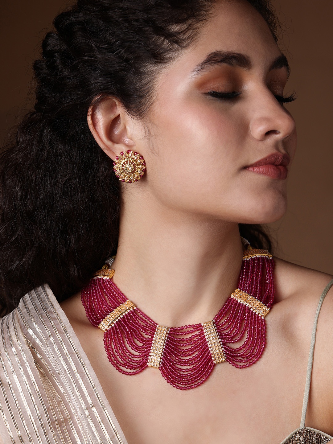 

PANASH Gold Plated Stone Studded & Pearl Beaded Jewellery Set