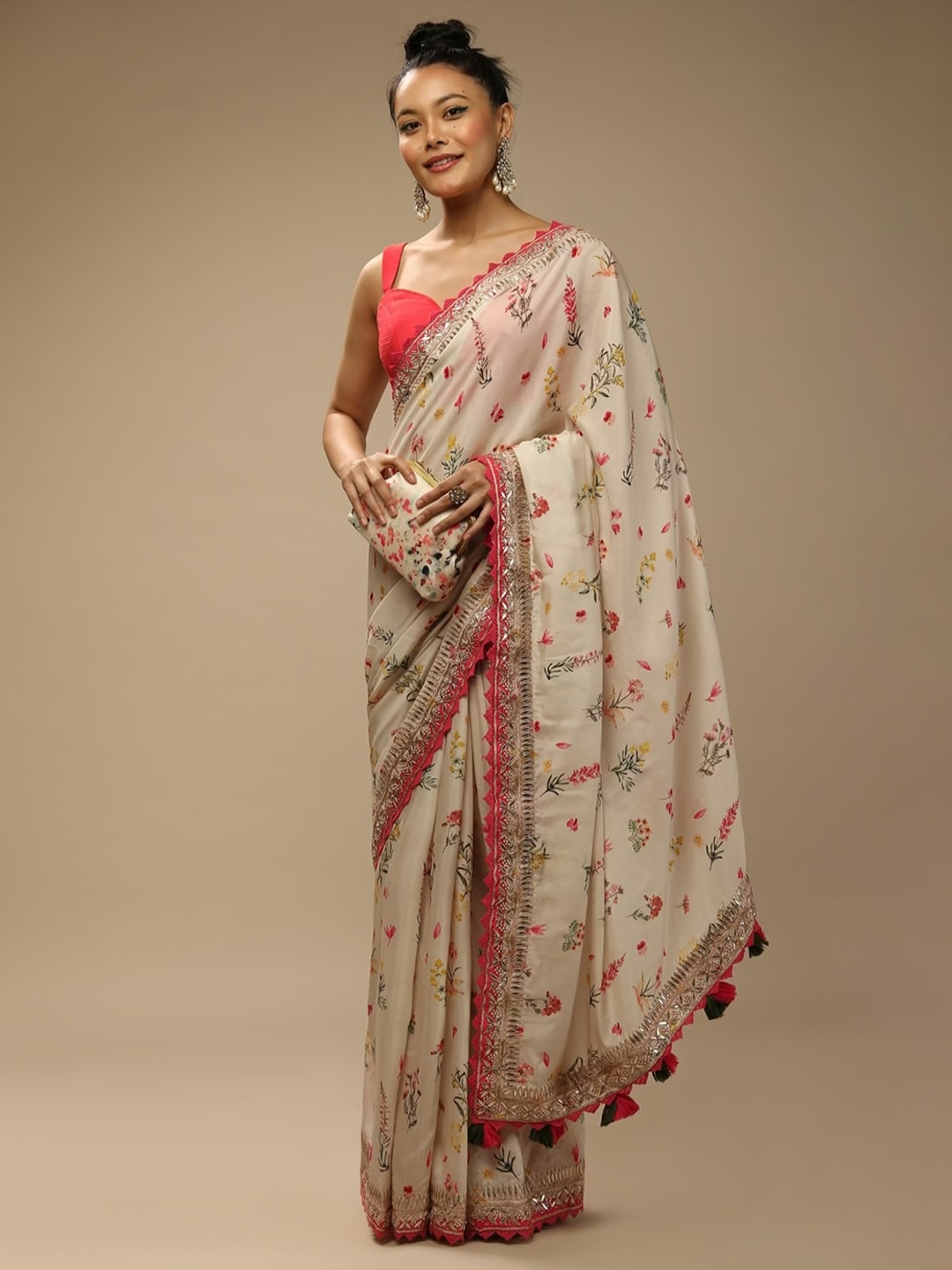 

GAJARAI Floral Printed Beads and Stones Embellished Saree, Beige