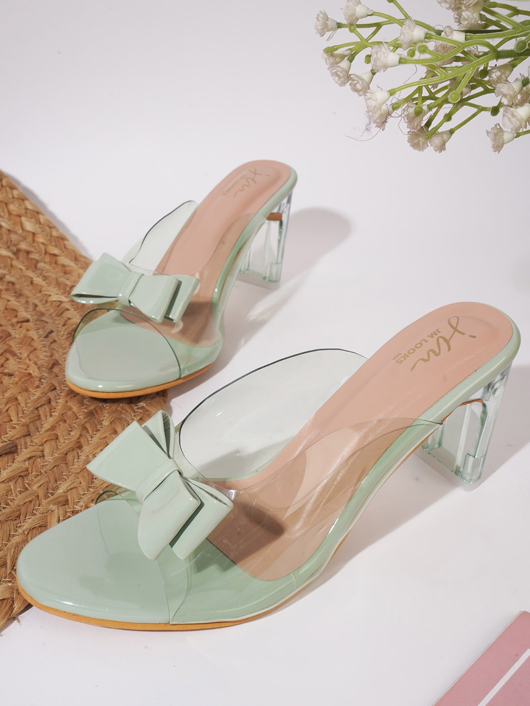 

JM Looks Bow Detail Block Heel Mules, Sea green