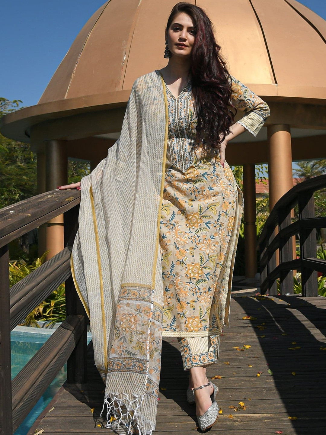 

Mialo fashion Women Mustard Yellow Floral Printed Pleated Thread Work Kurta with Pyjamas & With Dupatta