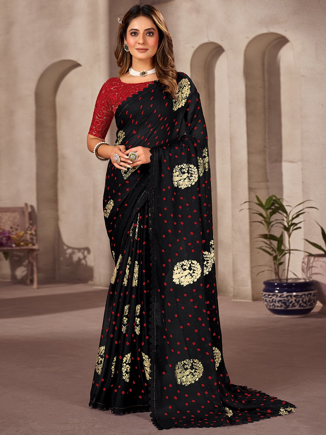 

Saree mall Ethnic Motifs Printed Zari Poly Chiffon Sarees, Black