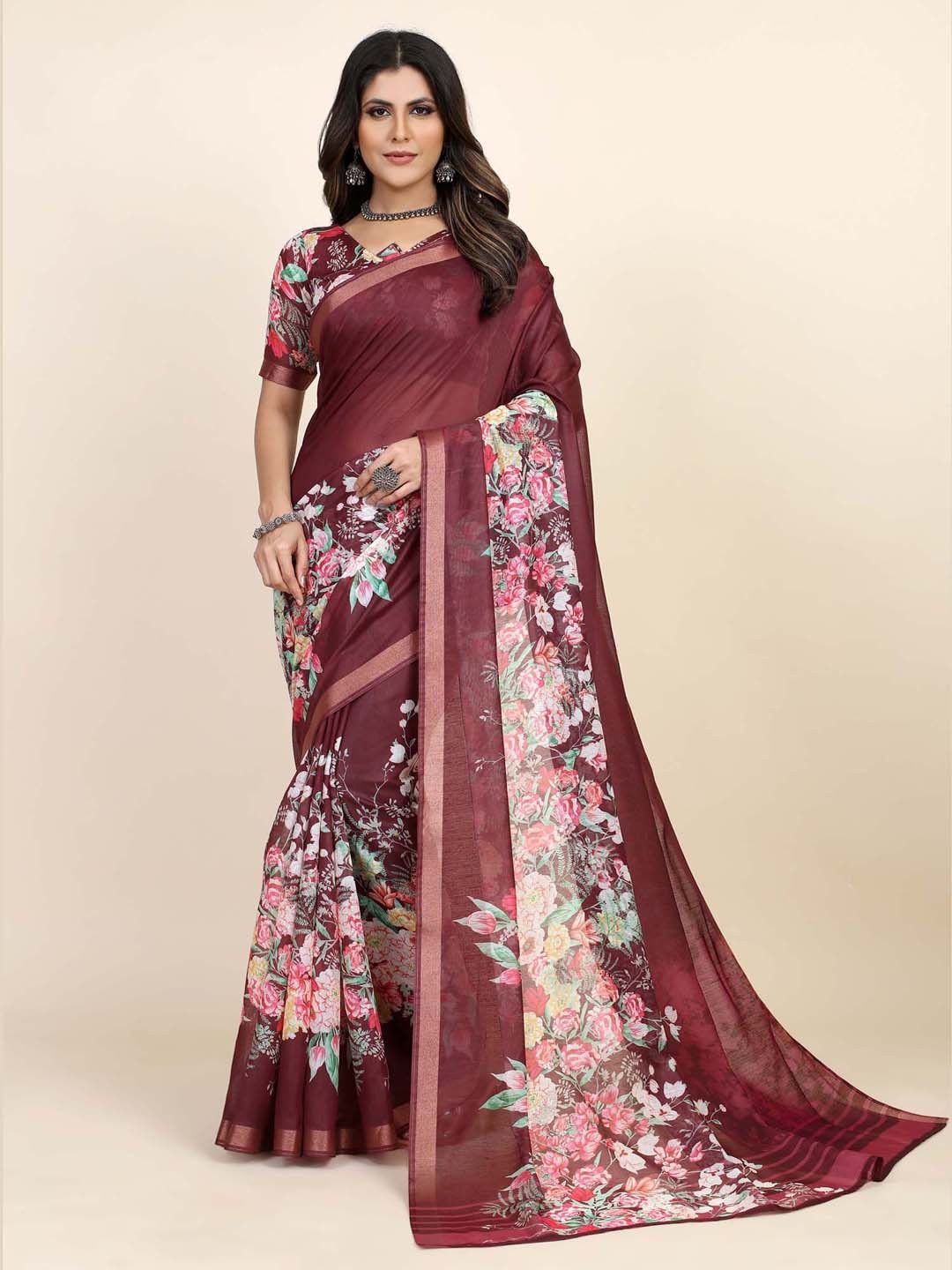 

Saree mall Floral Zari Sungudi Sarees, Burgundy
