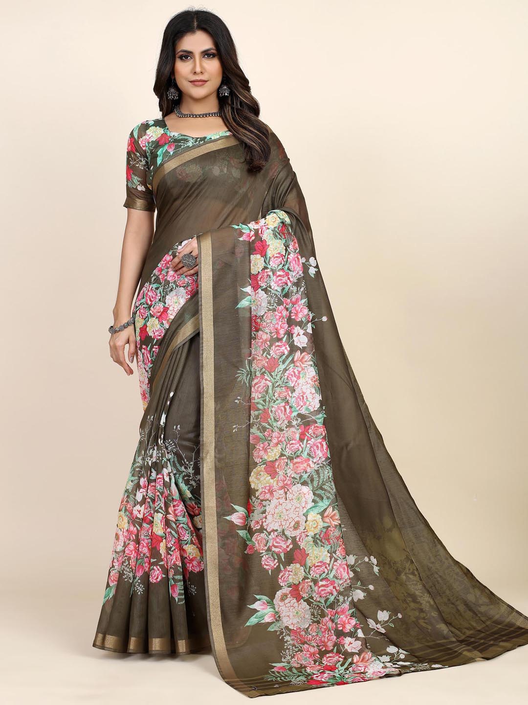 

Saree mall Floral Printed Zari Sungudi Sarees, Olive