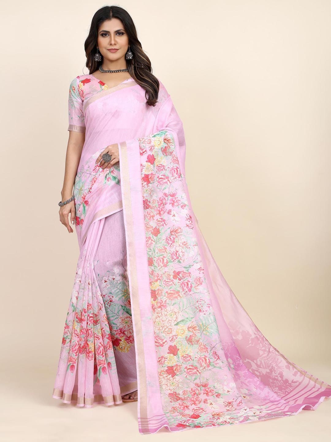 

Saree mall Floral Printed Sungudi Sarees, Pink
