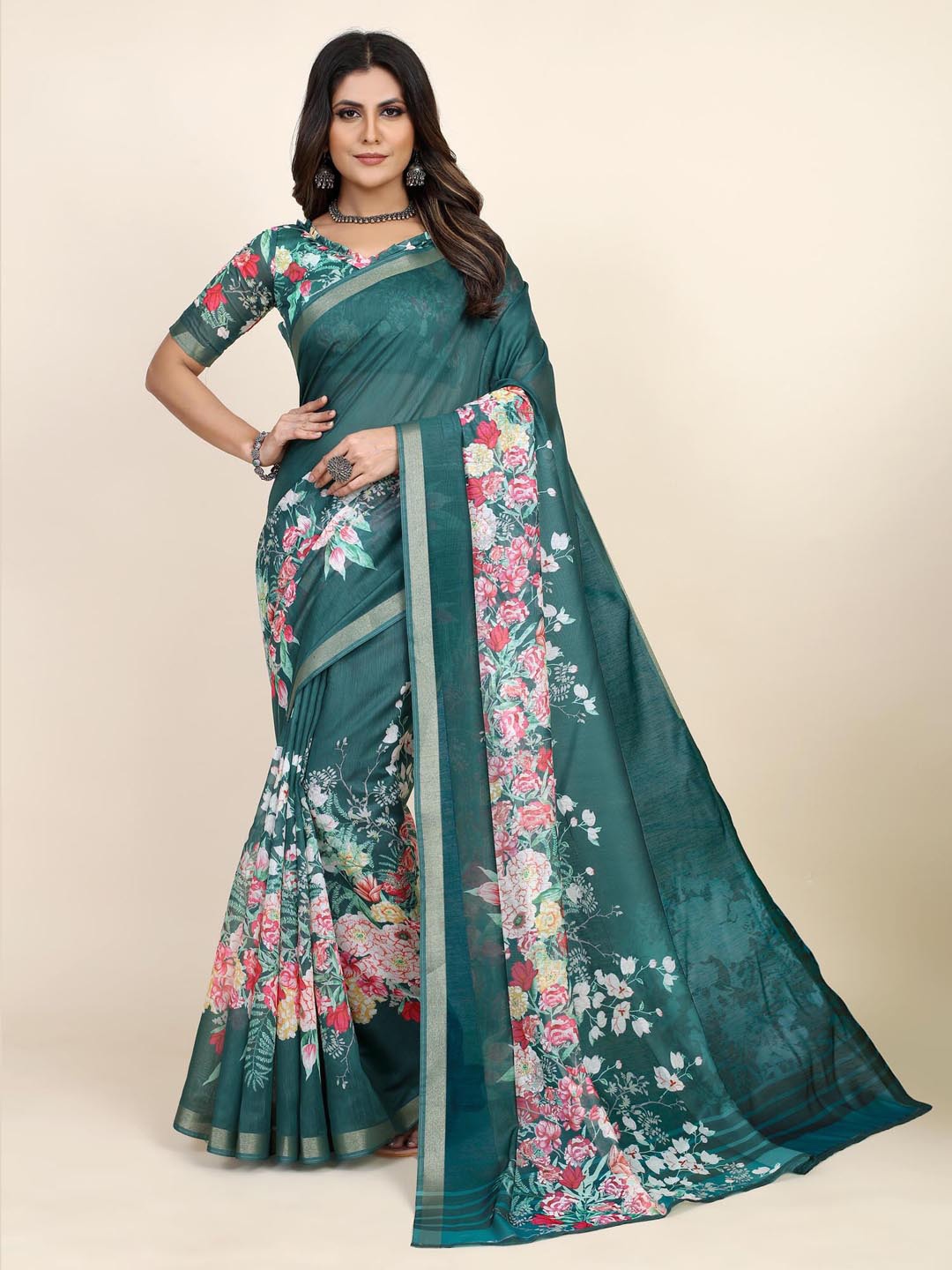 

Saree mall Teal & Pink Floral Printed Zari Sarees