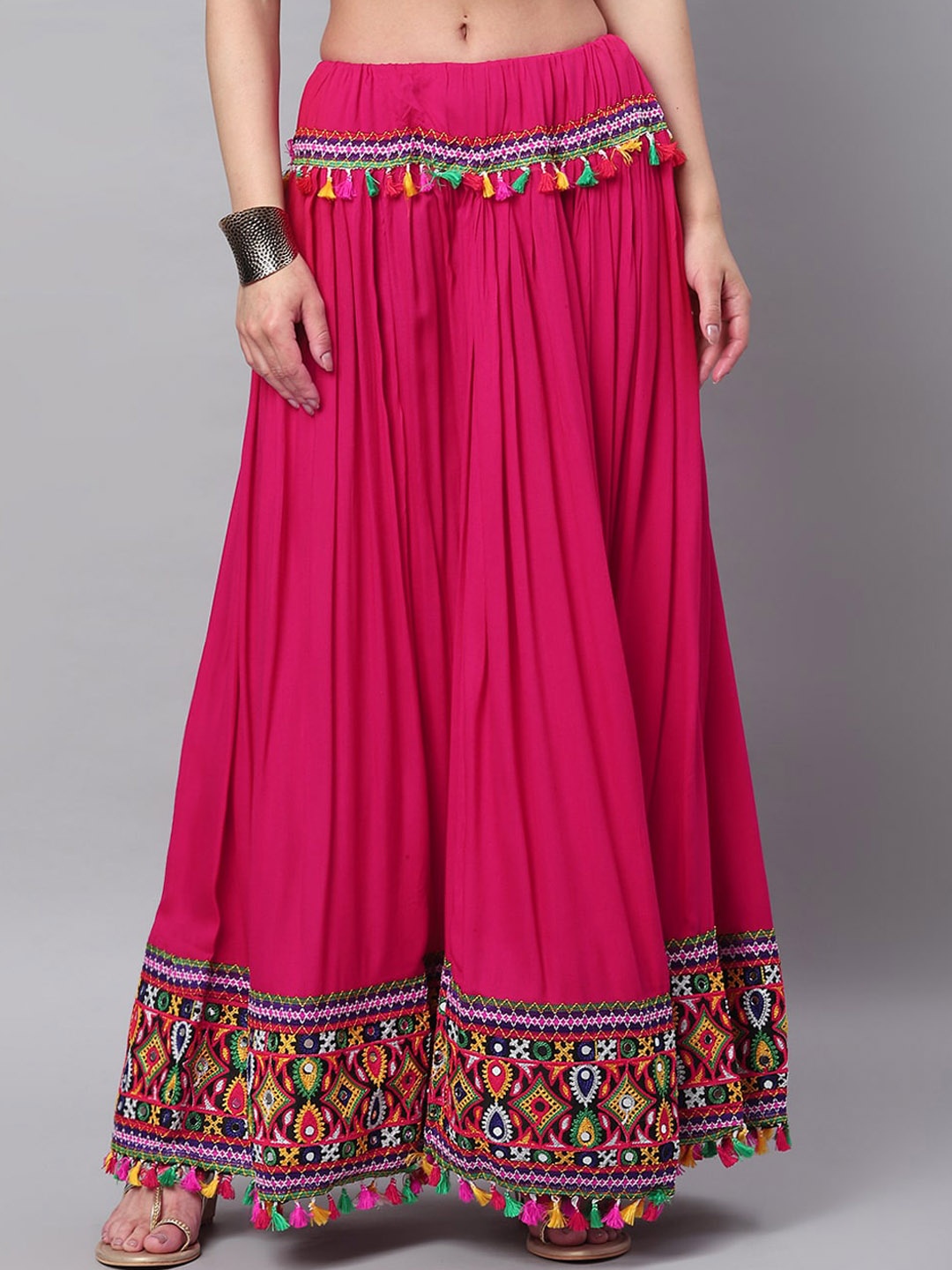

BANJARA INDIA Embroidered Flared Maxi Skirt With Tassels, Pink