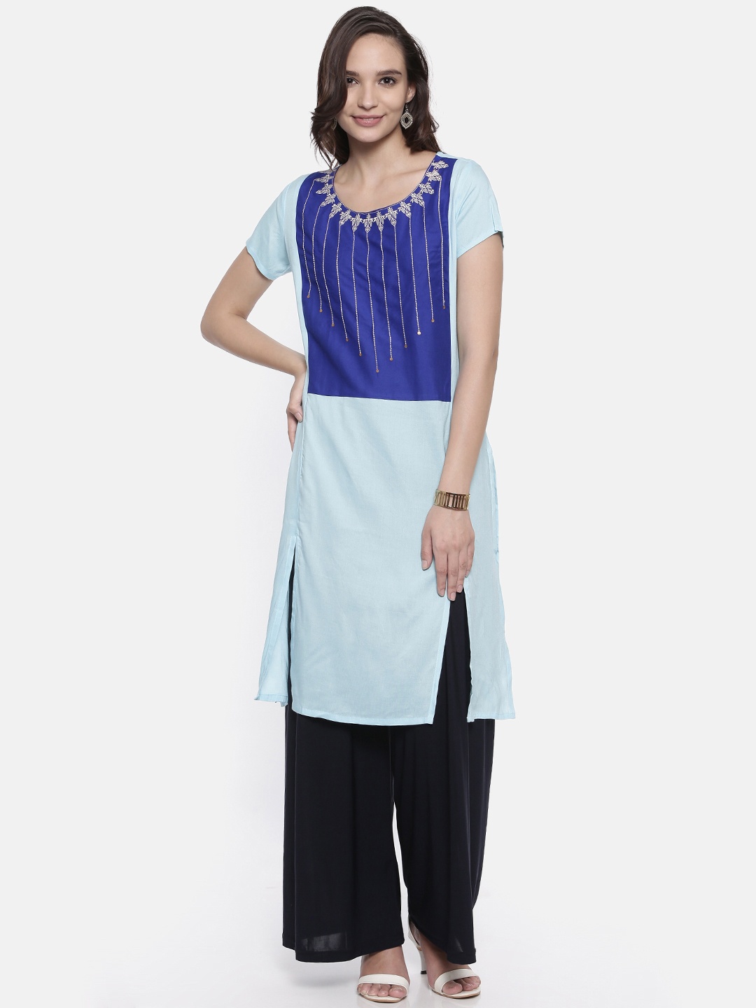 

Karigari Women Blue Colourblocked A-Line Kurta