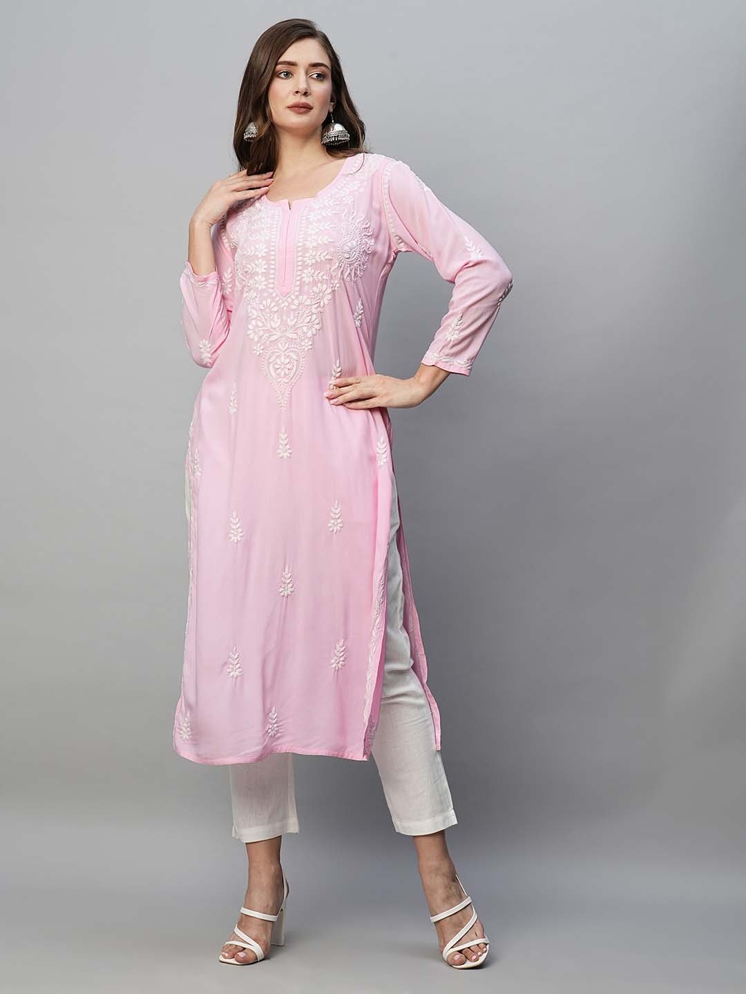 

ADA Floral Embroidered Chikankari Cotton Kurta, Pink
