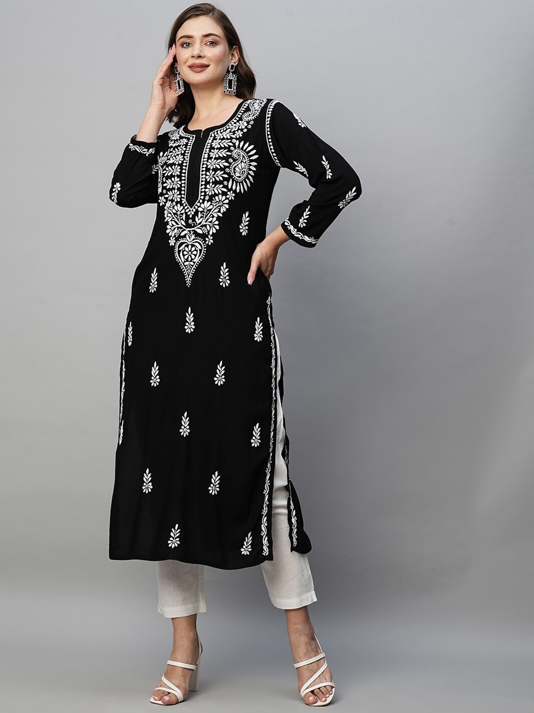 

ADA Ethnic Motifs Embroidered Chikankari Cotton Kurta, Black