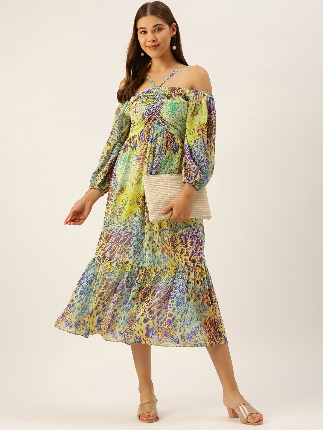 

DressBerry Floral Print Off-Shoulder Puff Sleeve Georgette A-Line Dress, Yellow