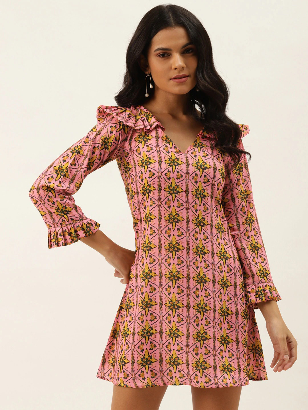 

DressBerry Pink Ethnic Motifs Print Bell Sleeve Ruffled A-Line Dress