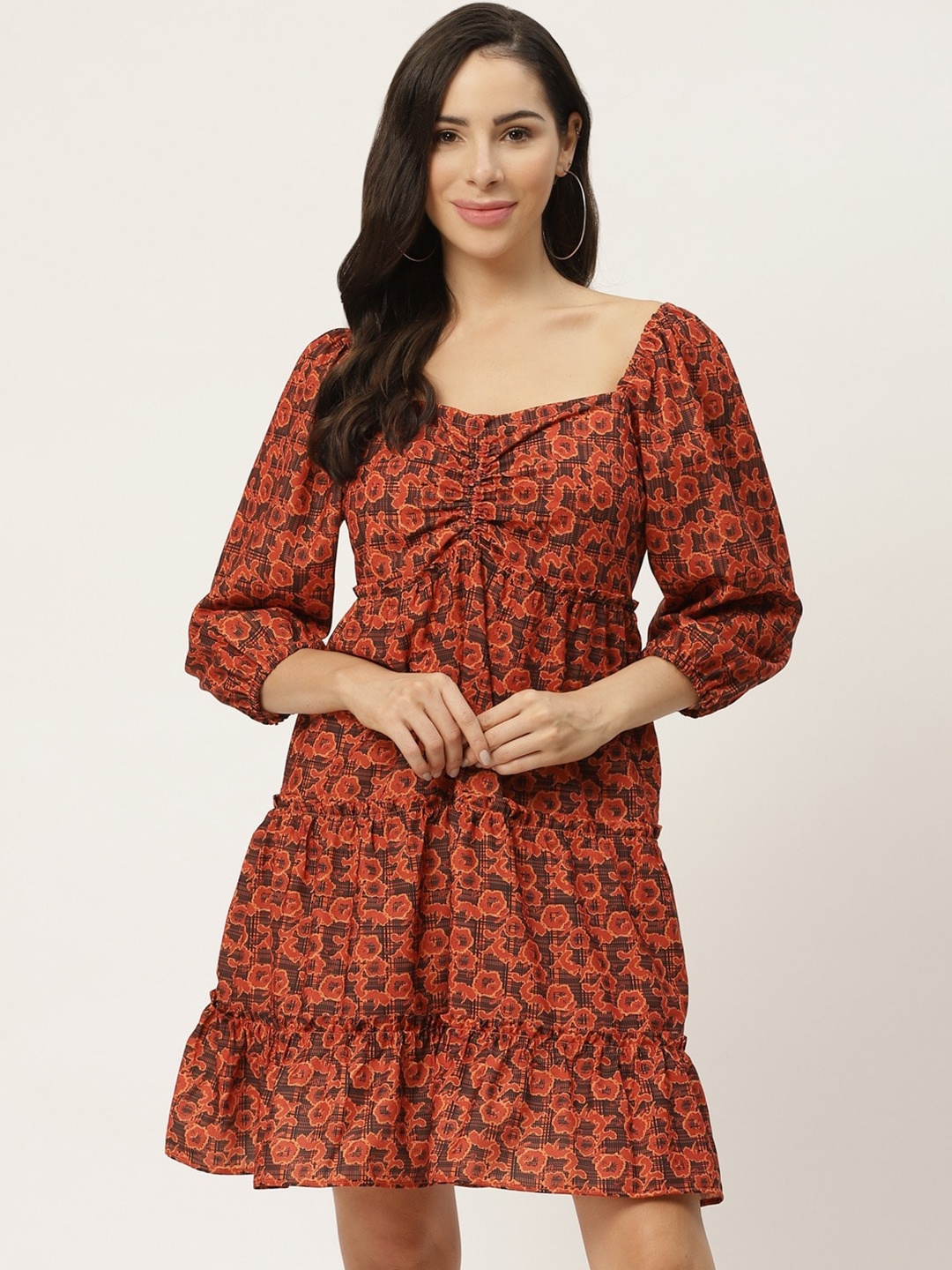 

DressBerry Floral Print Puff Sleeve Fit & Flare Dress, Orange